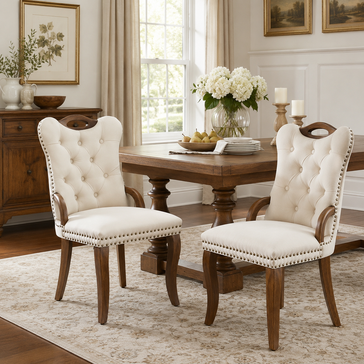 Elbe beige dining chairs showing a pair beside a wood dining table with floral centerpiece