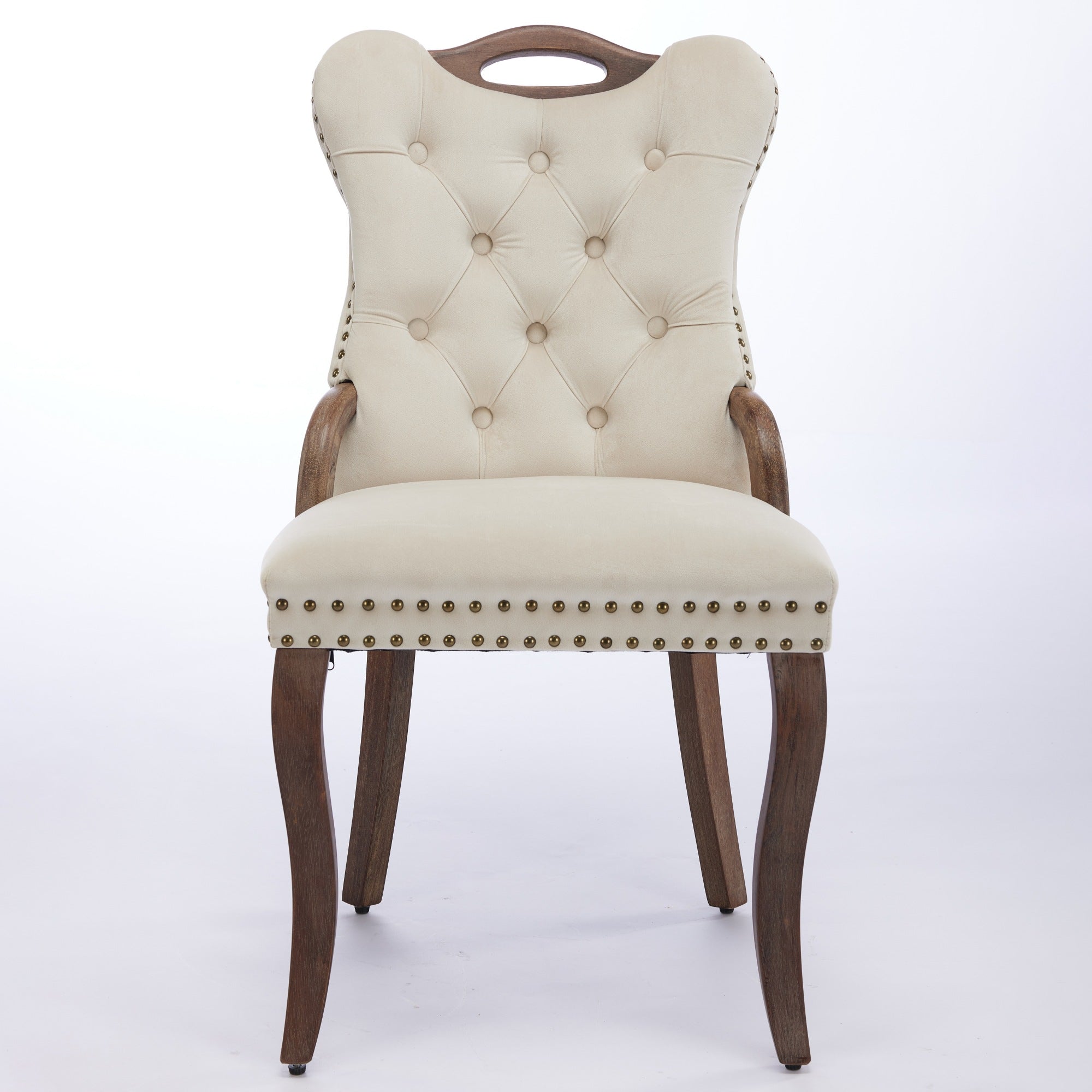 Elbe beige dining chair showing the front view with tufted backrest and wood top handle