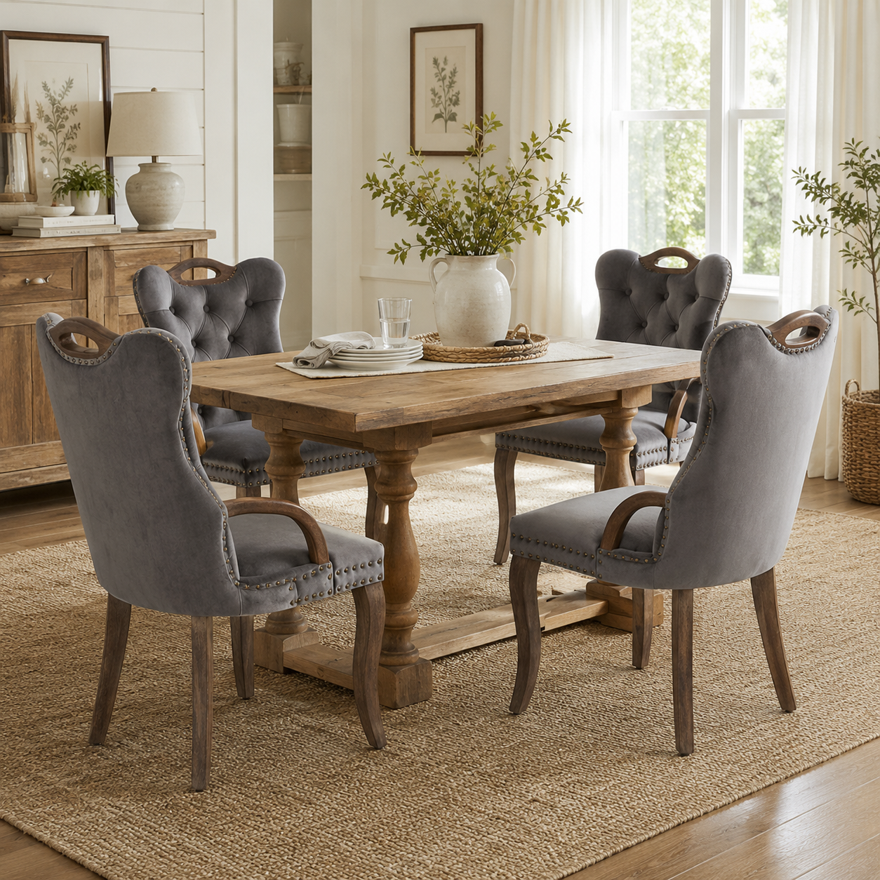 Elbe gray dining chairs showing four upholstered chairs around a rectangular wood dining table