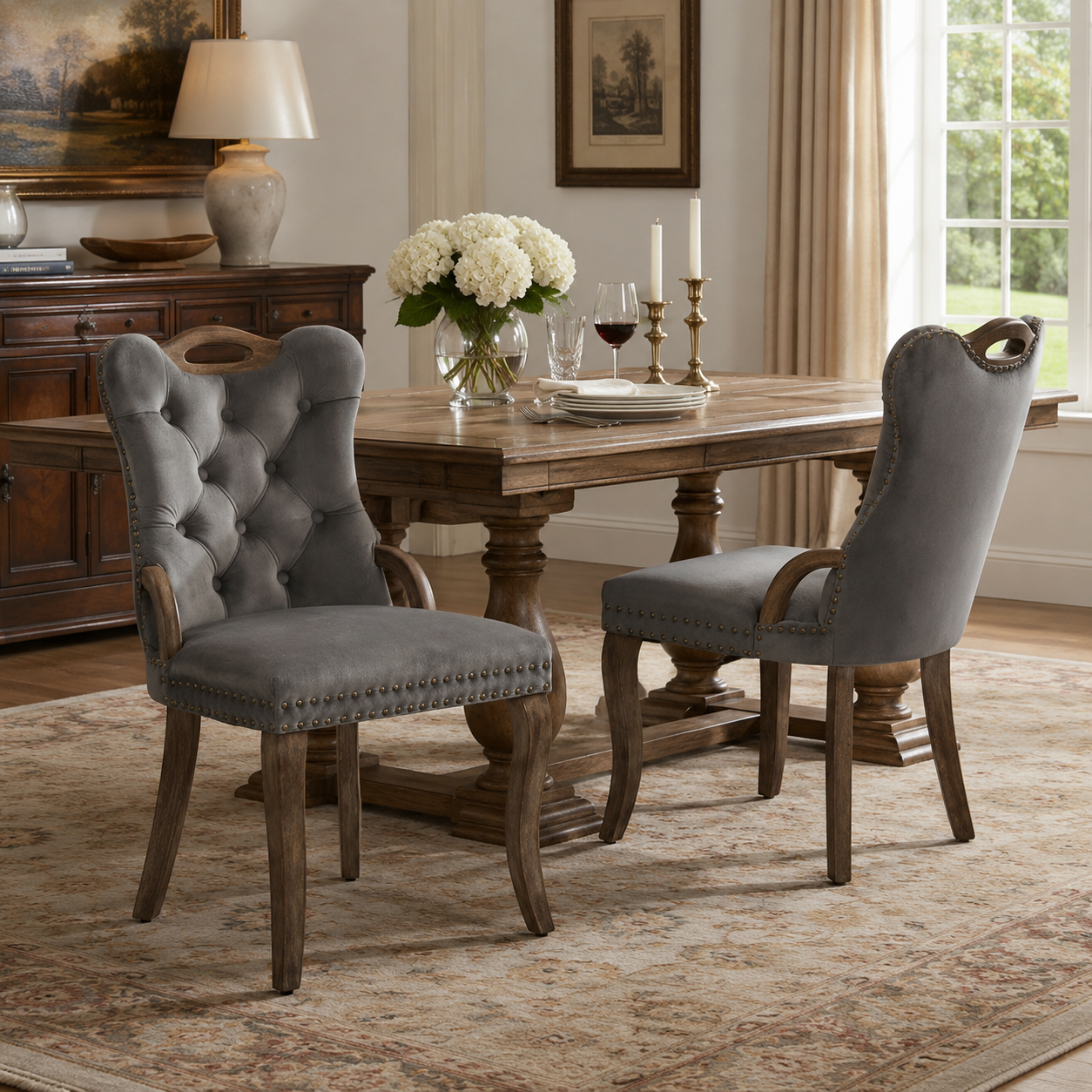 Elbe gray dining chairs showing tufted seating around a wood table in a warm dining room