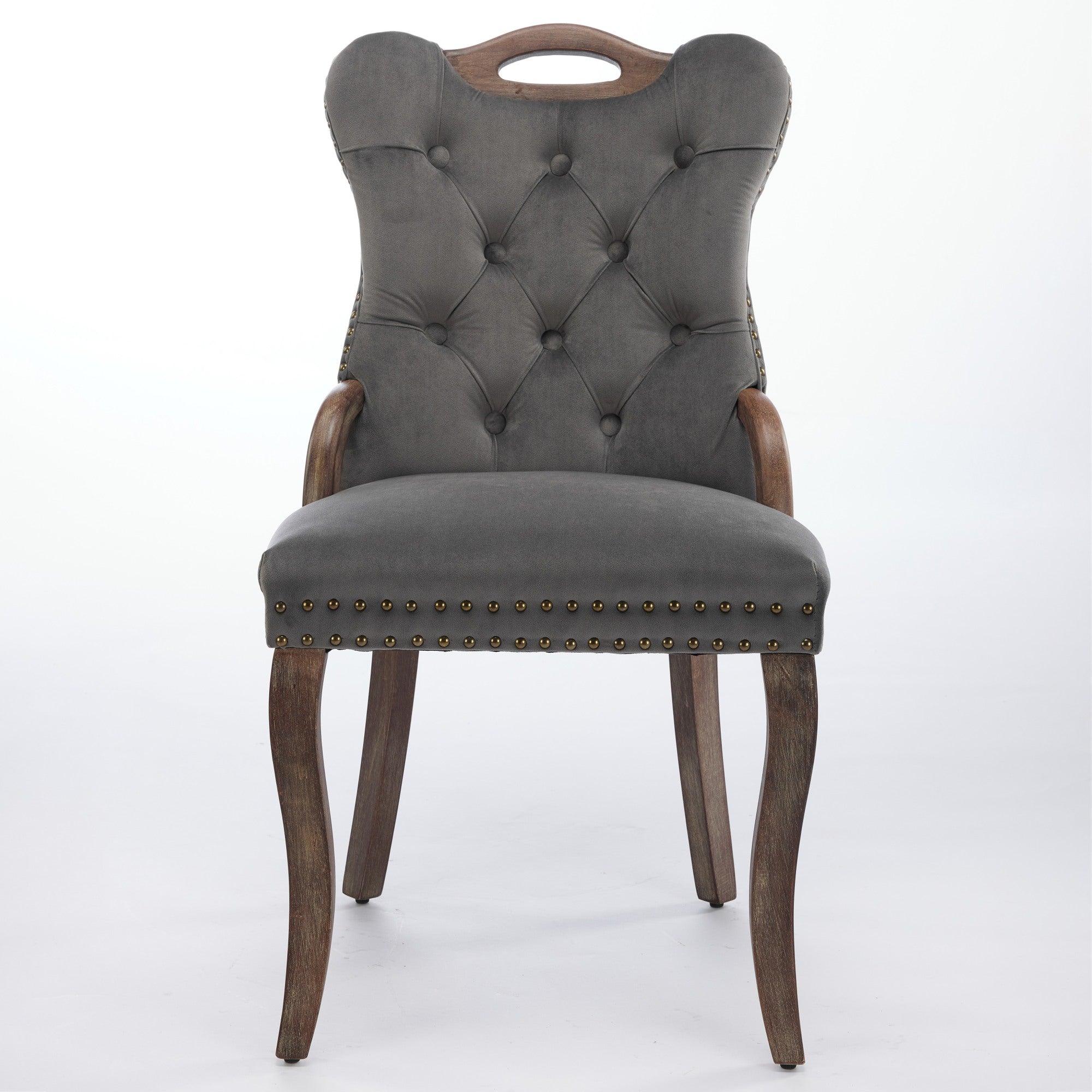 Elbe gray dining chair showing the front view with tufted backrest and wood top handle