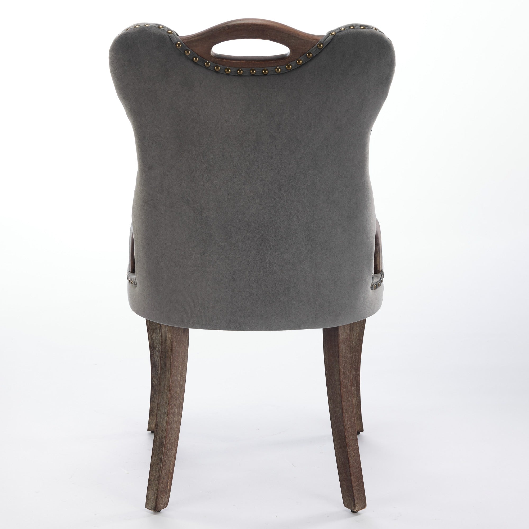 Elbe gray dining chair showing the full rear view with upholstered back and wood handle