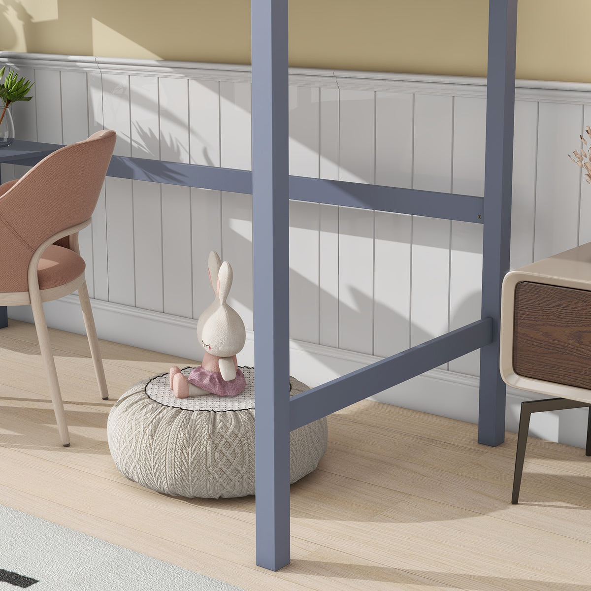 Elden gray blue loft bed showing ladder and solid wood frame detail