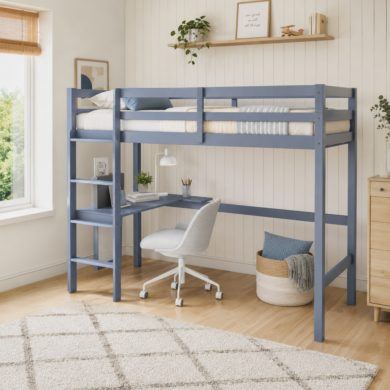 Elden gray blue loft bed showing a built-in desk and ladder in a bright bedroom with wall shelving