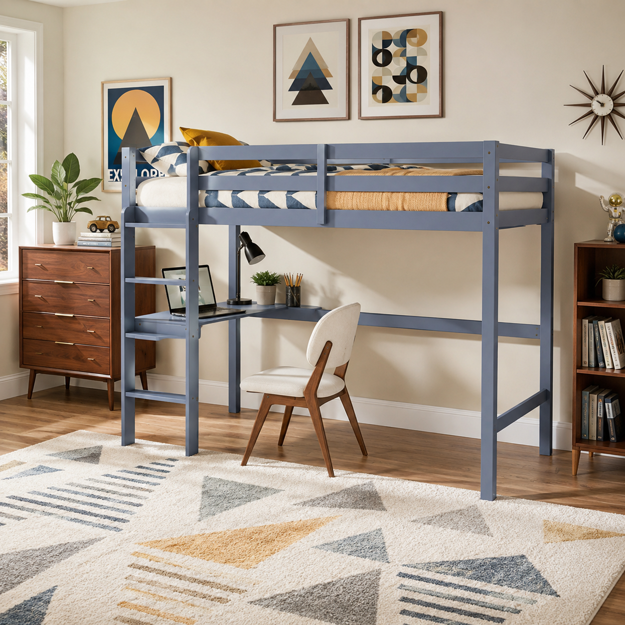 Elden gray blue loft bed showing a built-in desk and ladder in a bright room with patterned rug