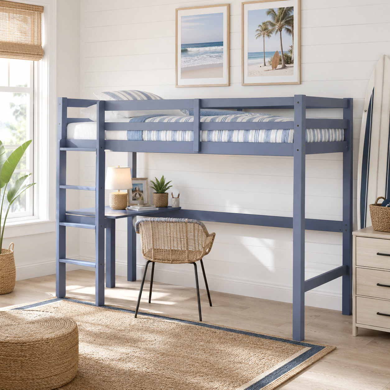 Elden gray blue loft bed showing the desk workspace and ladder beside framed wall art