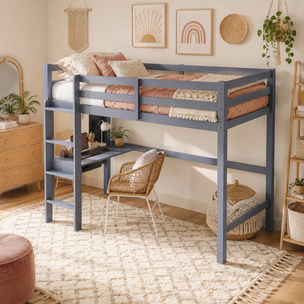 Elden gray blue loft bed showing a compact study setup beneath the raised sleeping platform