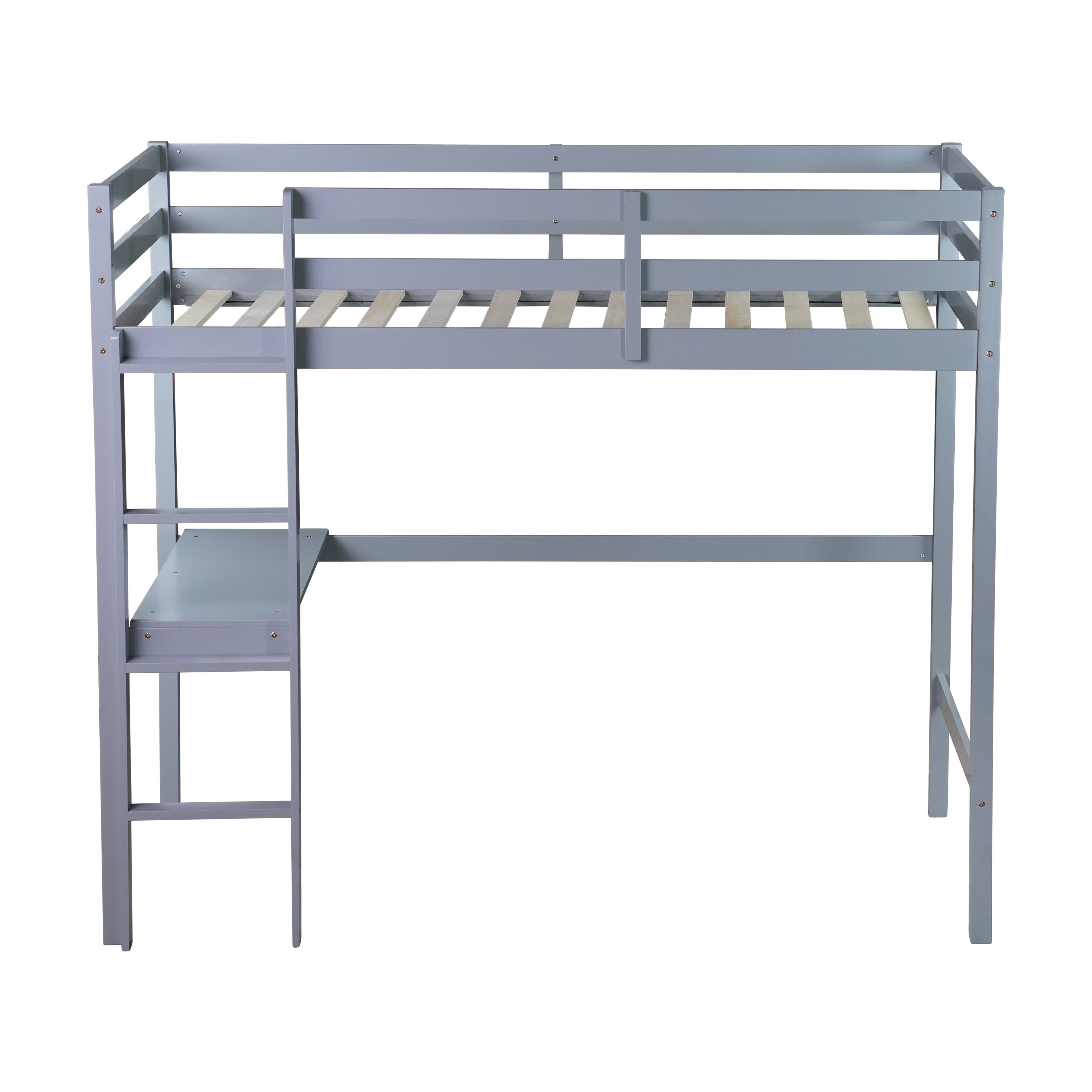 Elden gray blue loft bed showing the front view with built-in desk ladder and upper guardrails