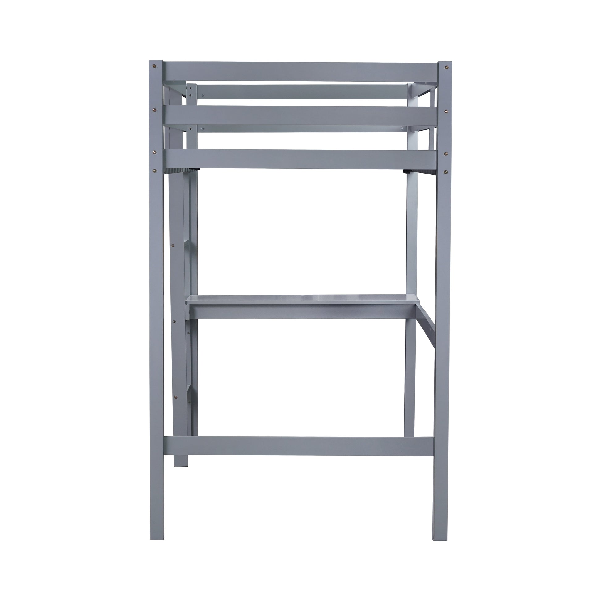 Elden gray blue loft bed showing the narrow end view with ladder and upper guardrails