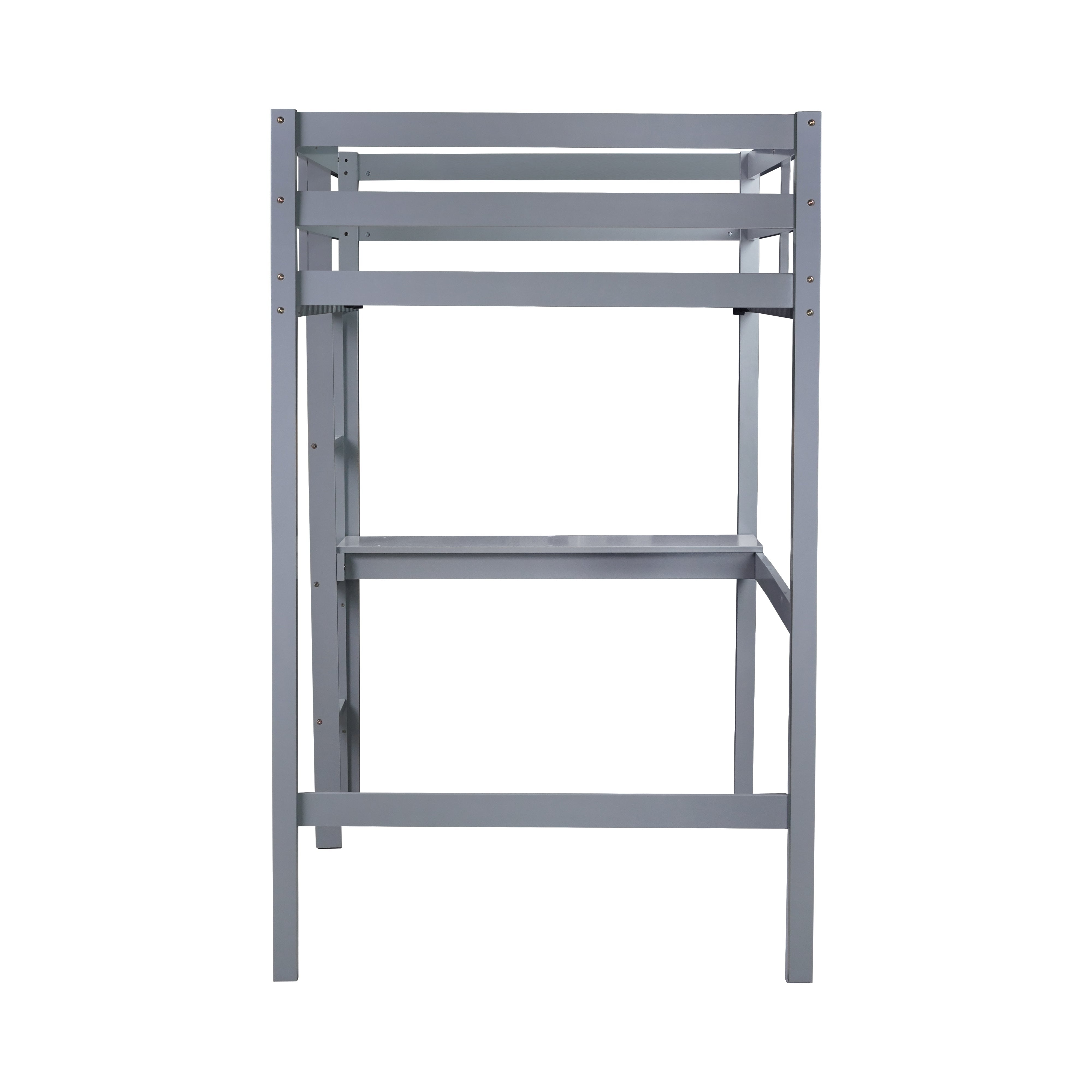 Elden gray blue loft bed showing the narrow end view with ladder and upper guardrails