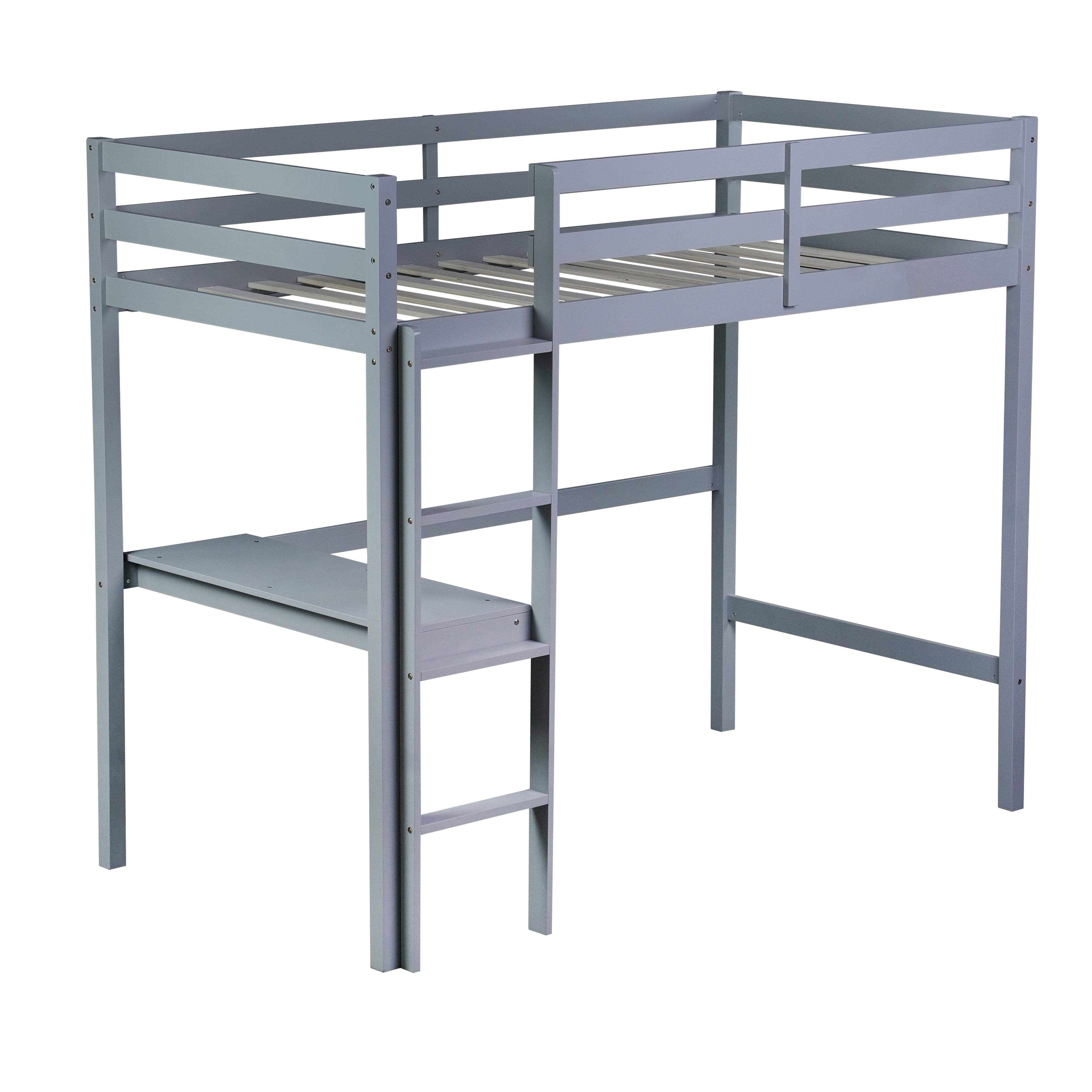 Elden gray blue loft bed showing an angled view with built-in desk and solid wood frame