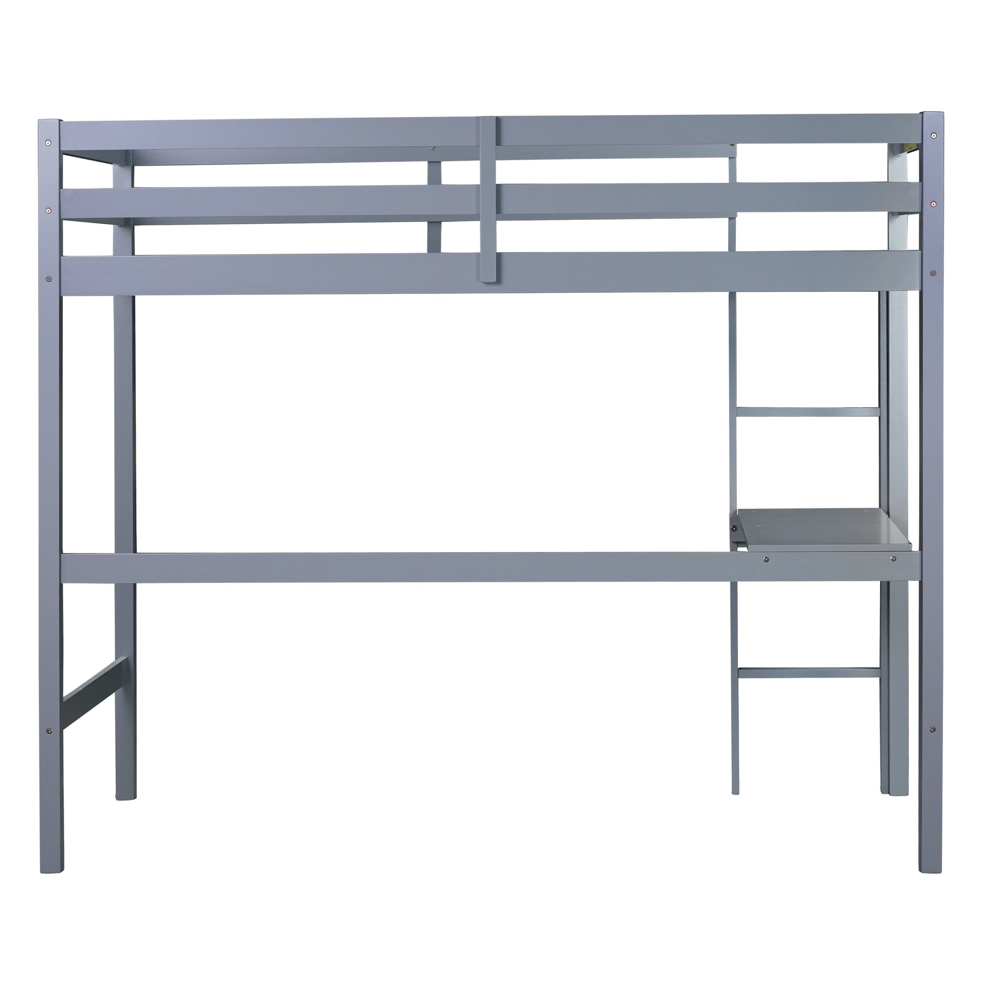 Elden gray blue loft bed showing the side view with open space beneath the sleeping platform