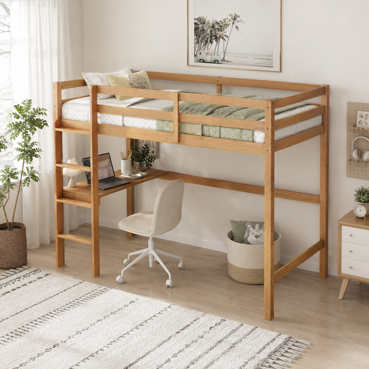 Elden oak loft bed showing a built-in desk and ladder in a bright neutral bedroom