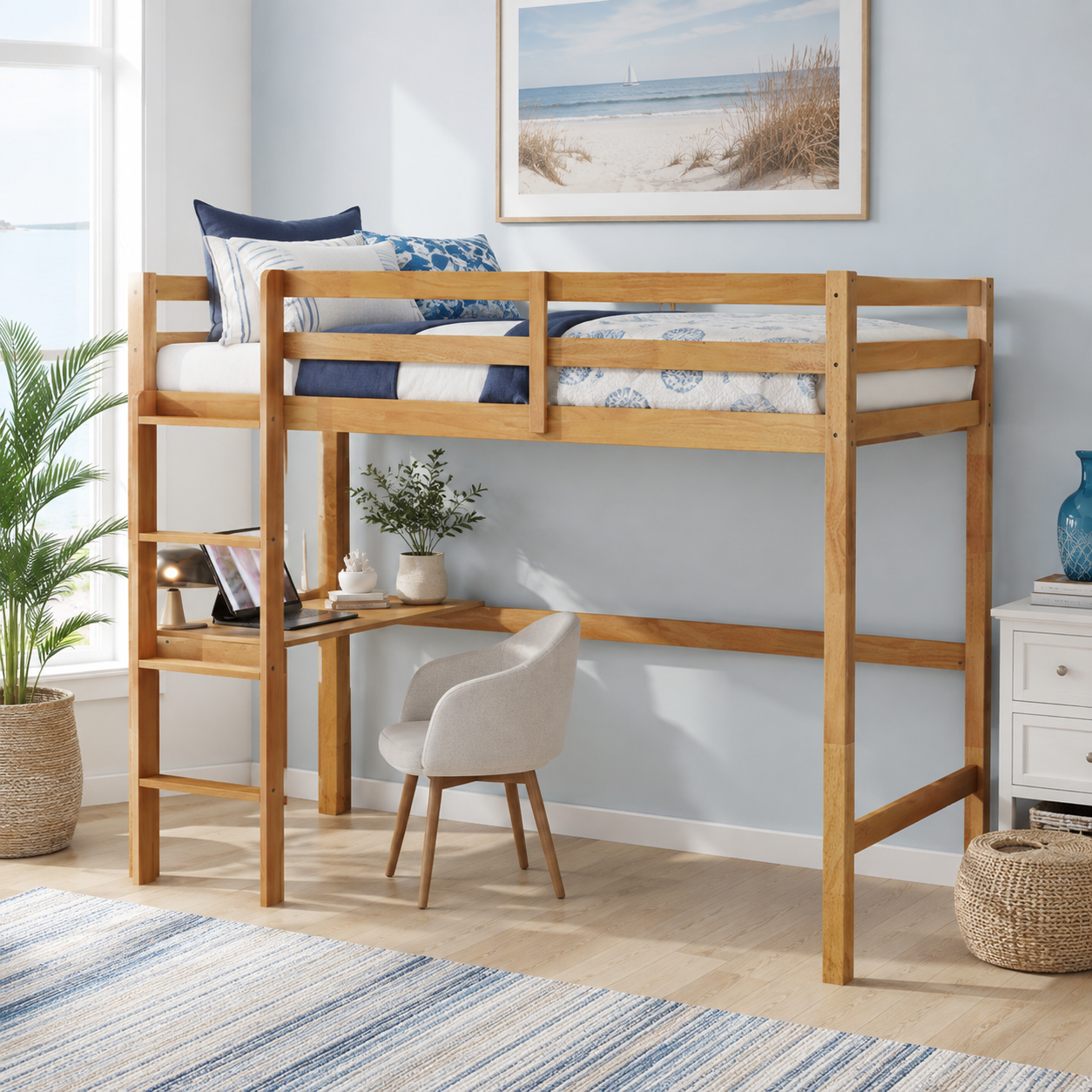 Elden oak loft bed showing a study workspace beneath the raised bed beside a large window