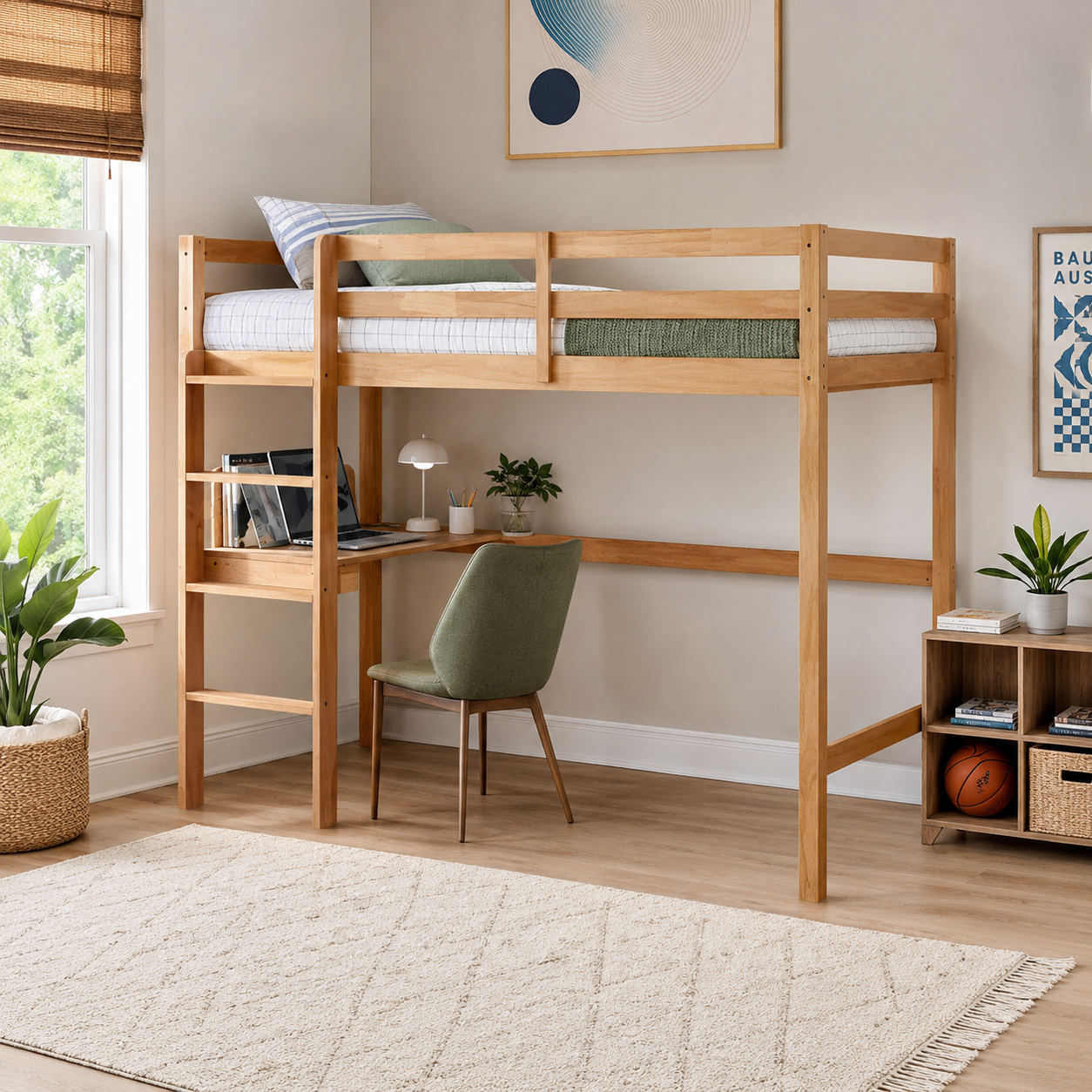 Elden oak loft bed showing a built-in desk with chair in a warm neutral bedroom