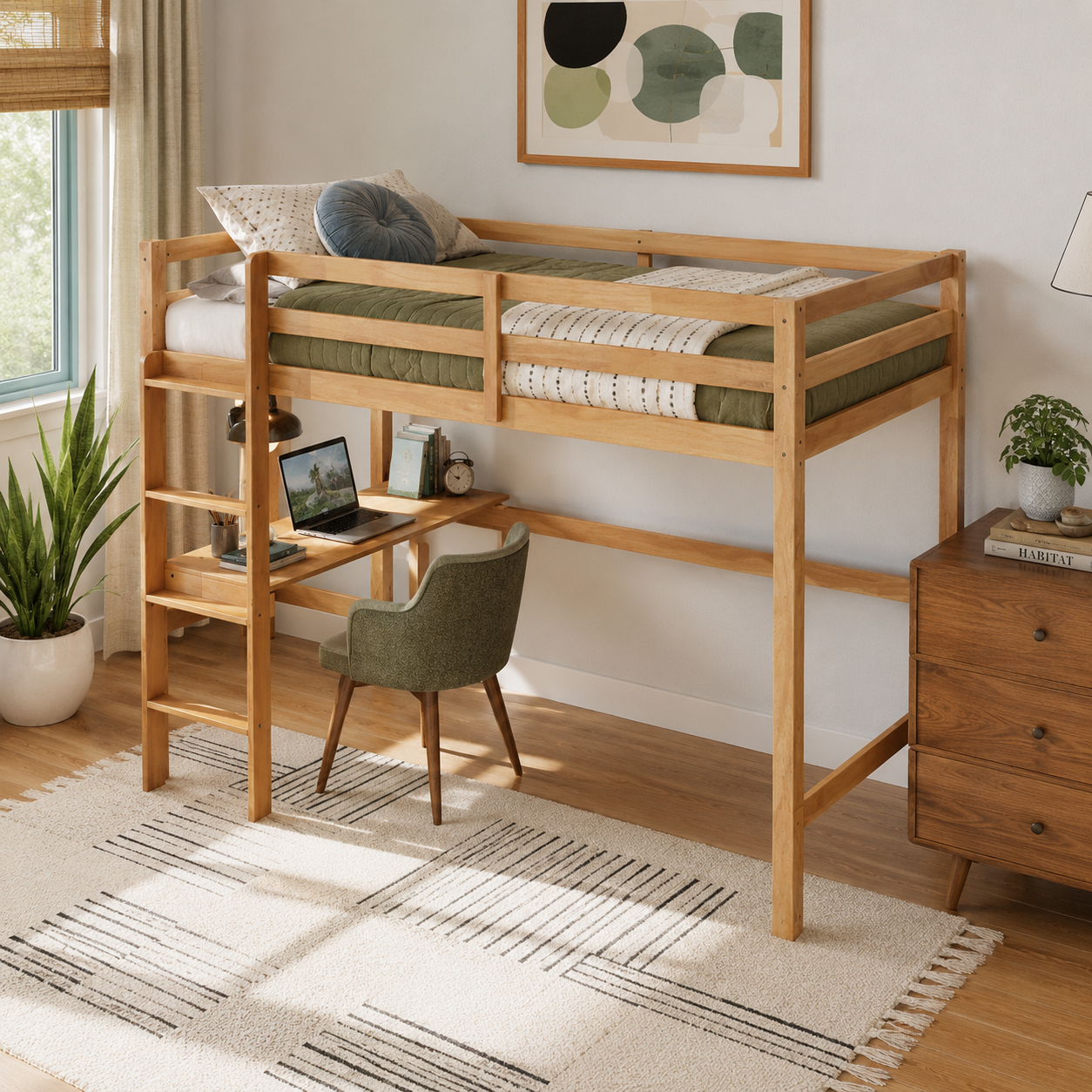 Elden oak loft bed showing a desk workspace beneath the bed with framed wall decor