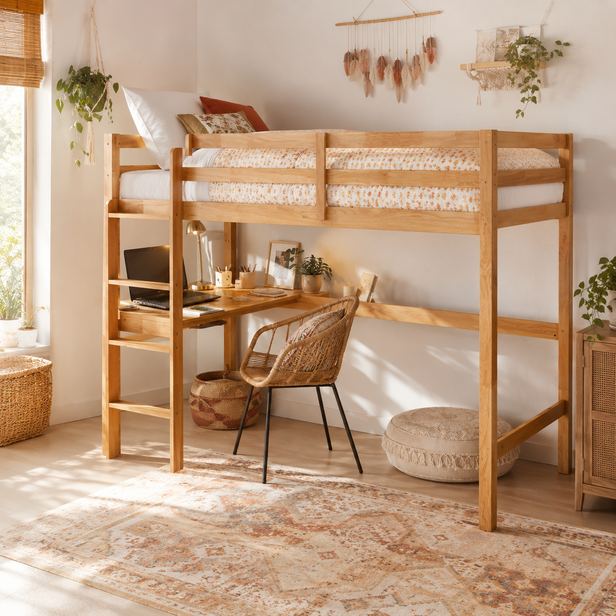 Elden oak loft bed showing a built-in study area beside a window in a bright bedroom