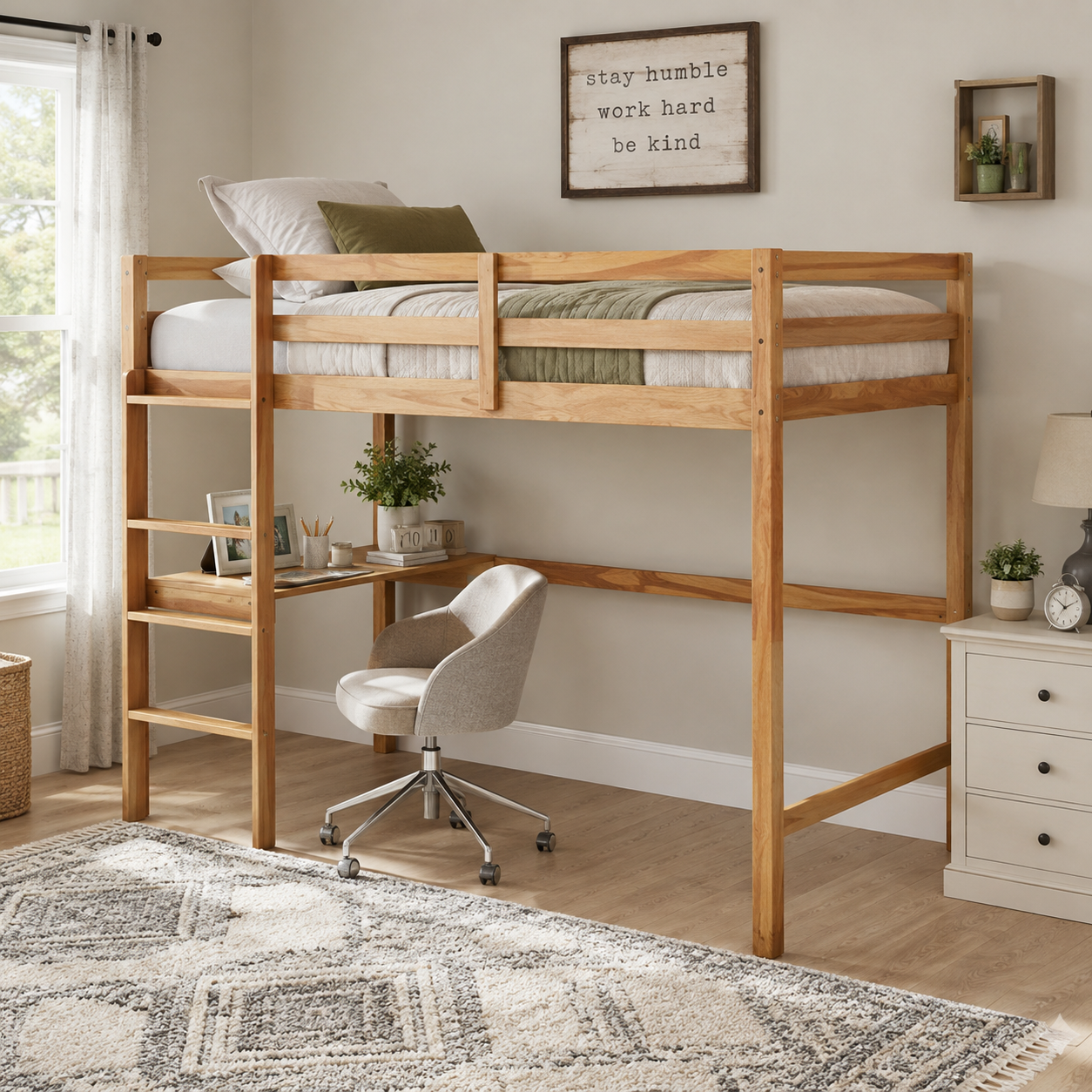 Elden oak loft bed showing a compact desk setup beneath the raised sleeping platform