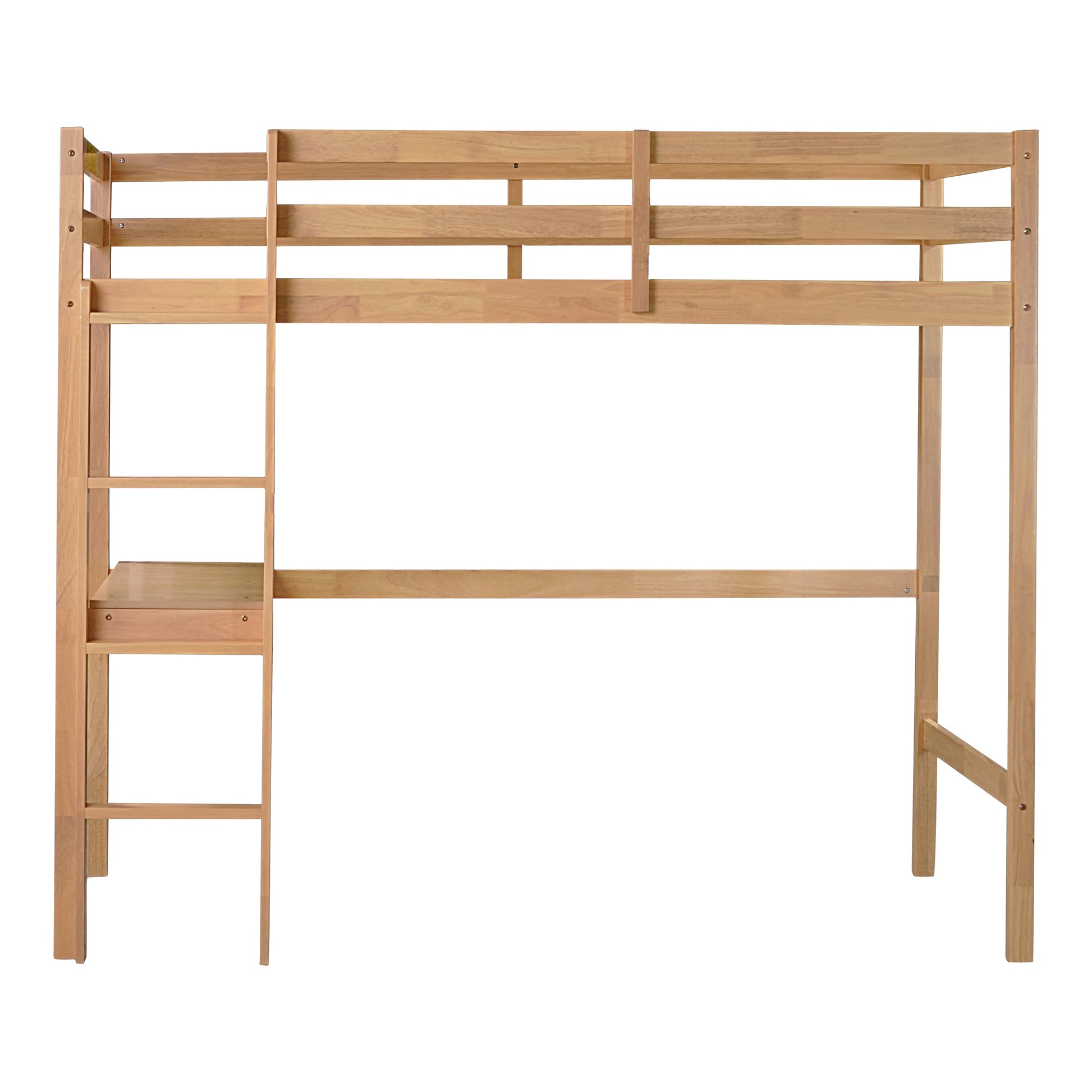 Elden oak loft bed showing the front view with built-in desk ladder and upper guardrails