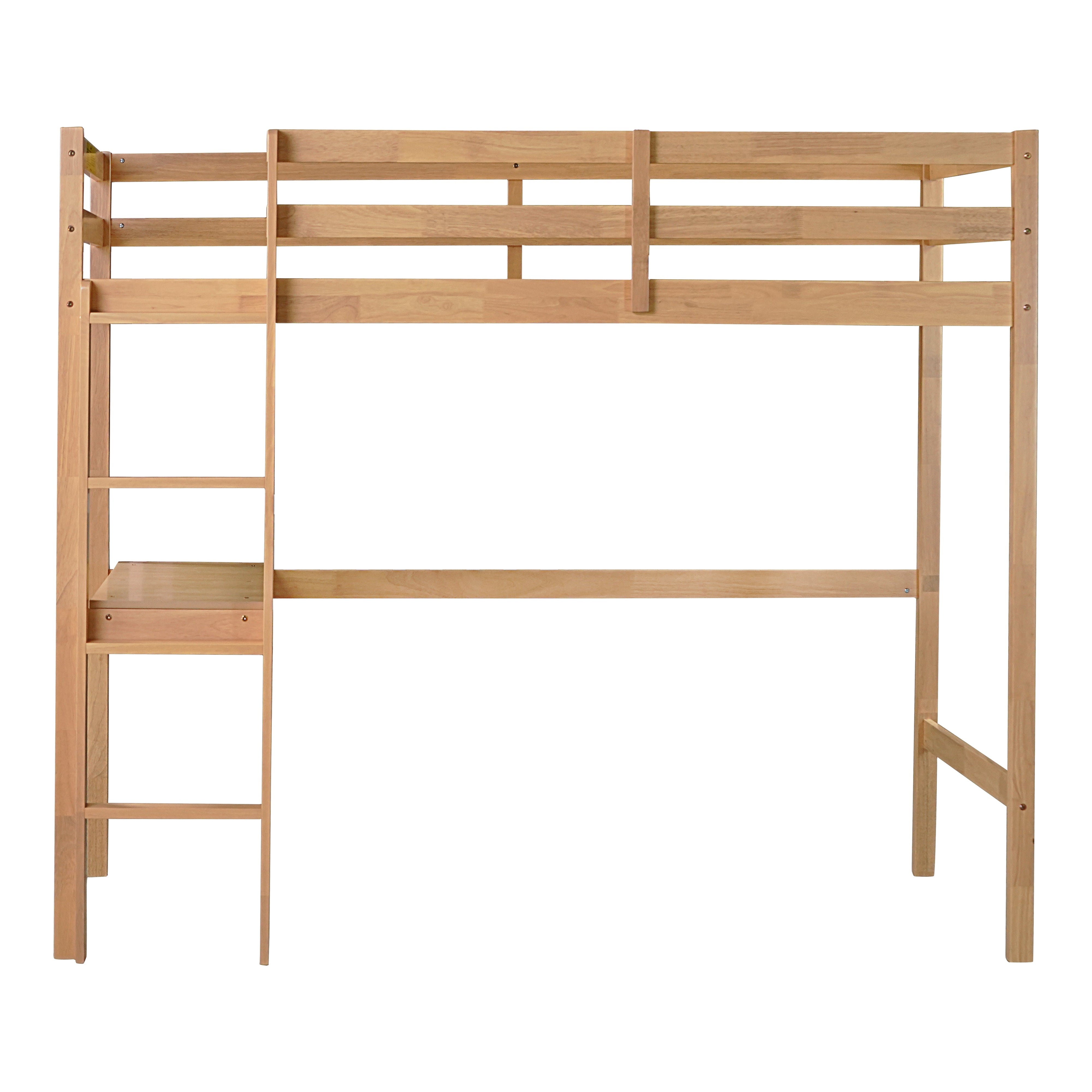 Elden oak loft bed showing the front view with built-in desk ladder and upper guardrails