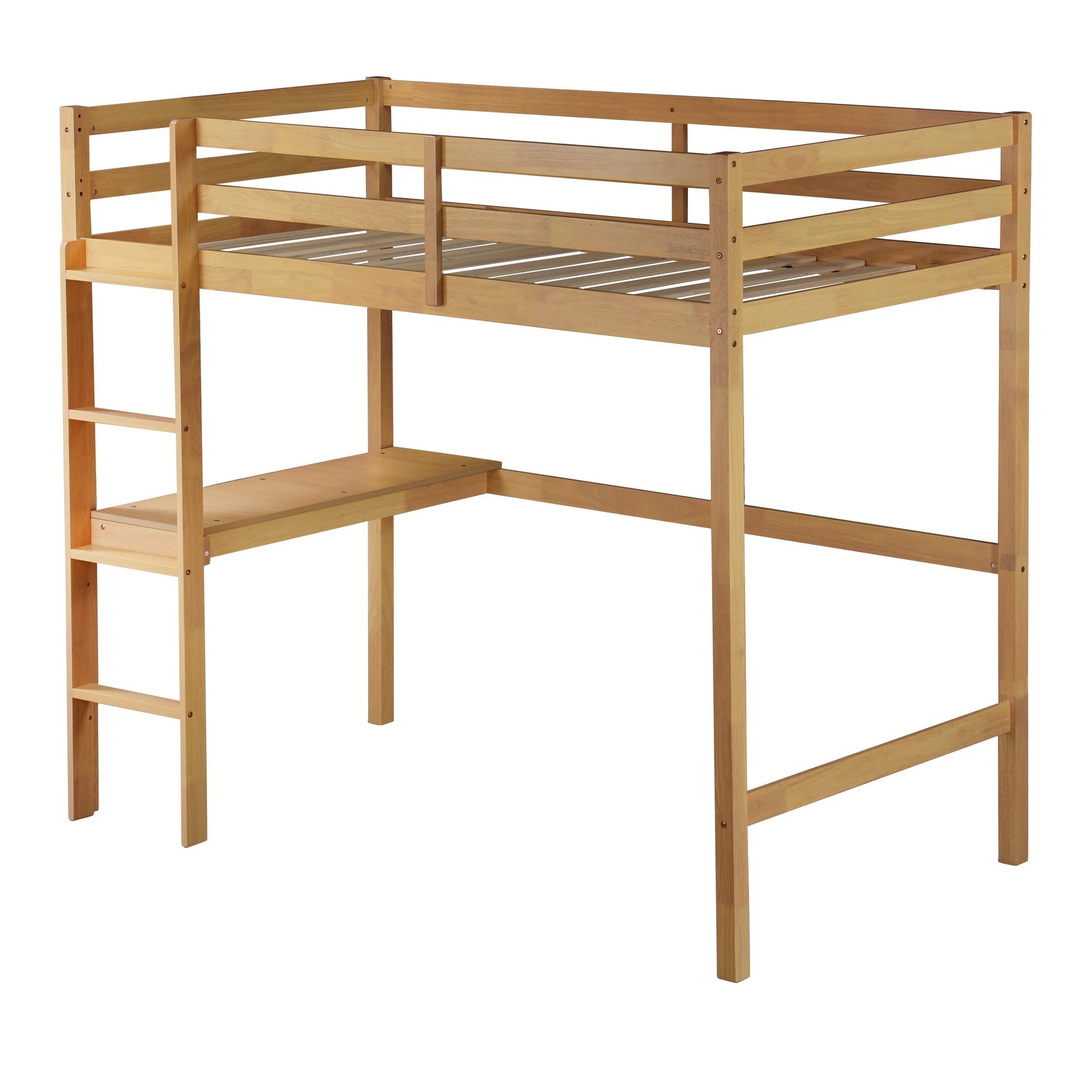 Elden oak loft bed showing an angled front view with desk and solid wood frame