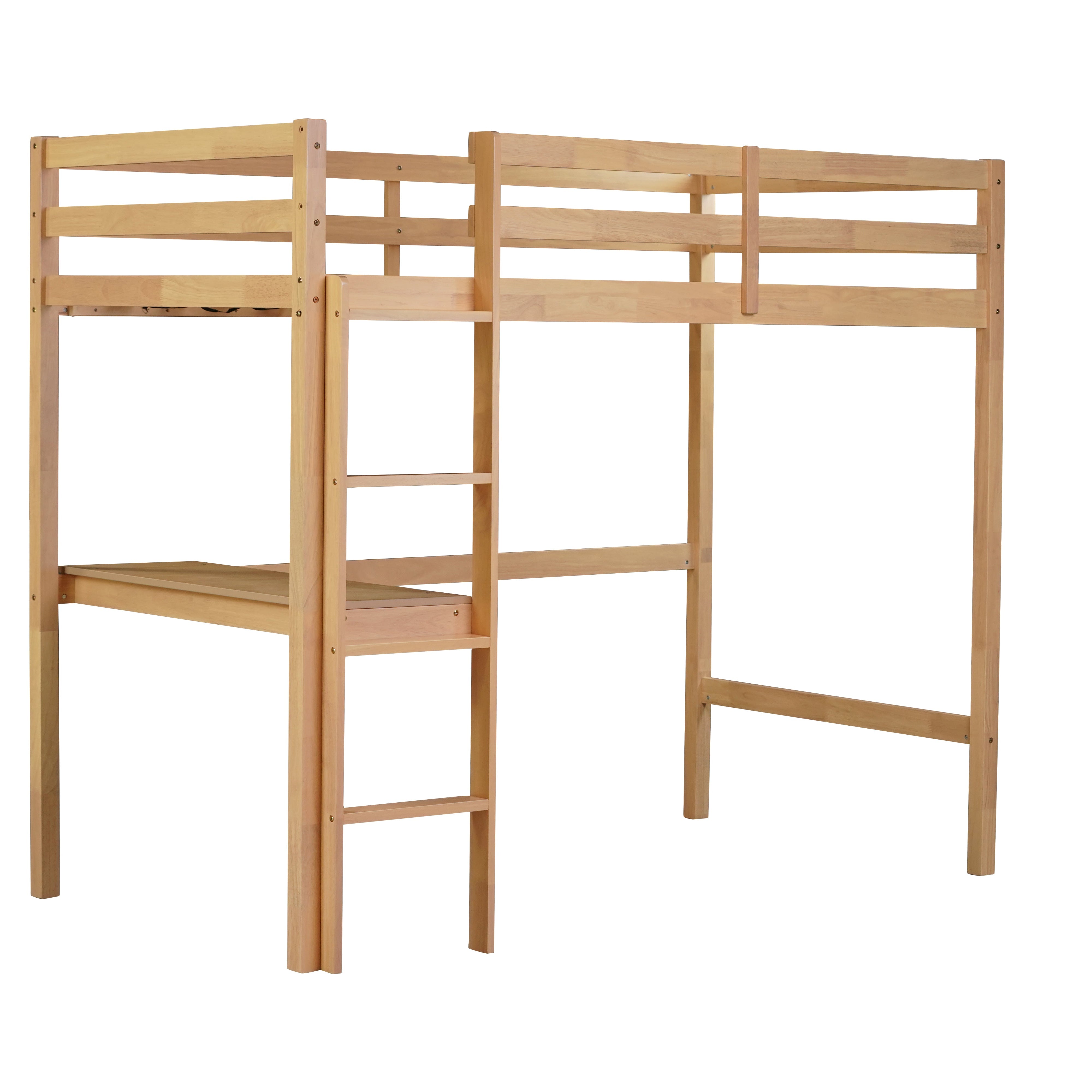 Elden oak loft bed showing the side view with ladder and open underbed workspace