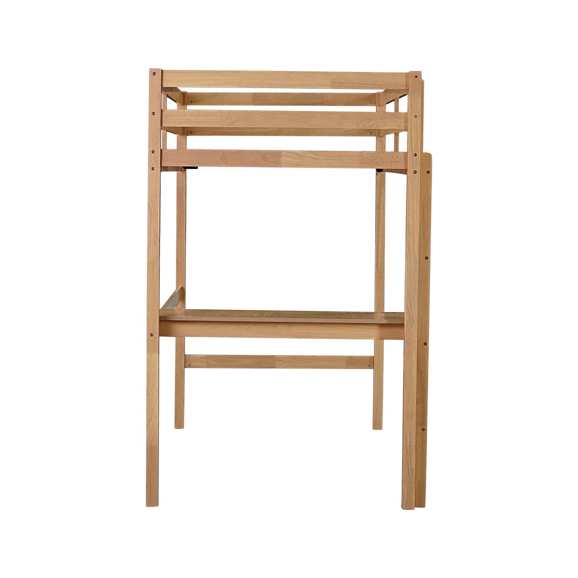 Elden oak loft bed showing the narrow end view with ladder and full-length guardrails