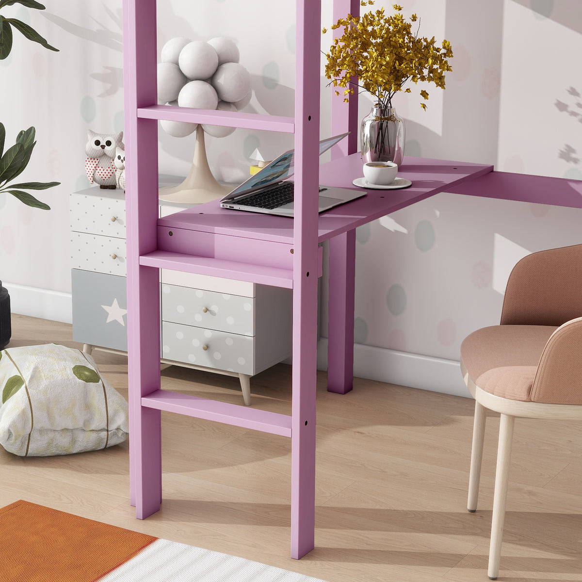 Elden pink loft bed showing ladder and turned post detail