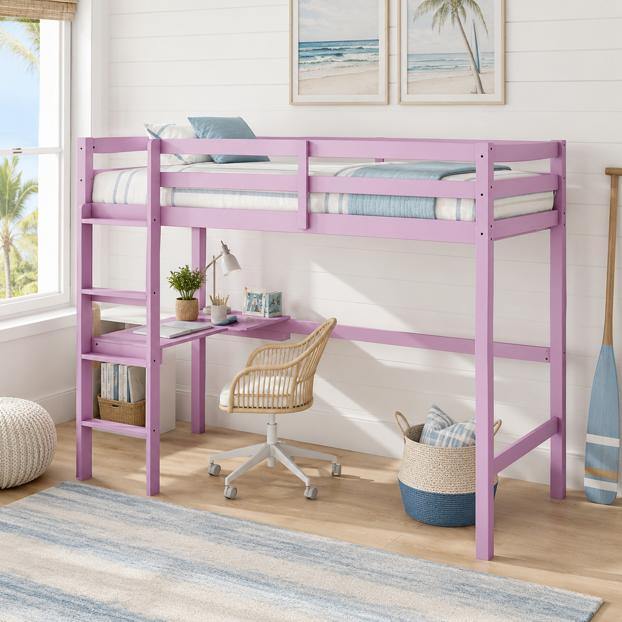 Elden pink loft bed showing a built-in desk and ladder in a bright bedroom with large windows