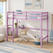 Elden pink loft bed showing a built-in desk and ladder in a bright bedroom with large windows