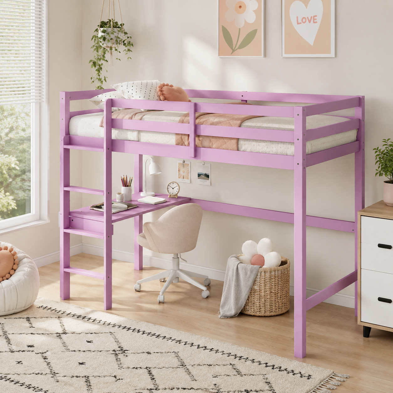 Elden pink loft bed showing a built-in desk and ladder in a bright bedroom with wall decor