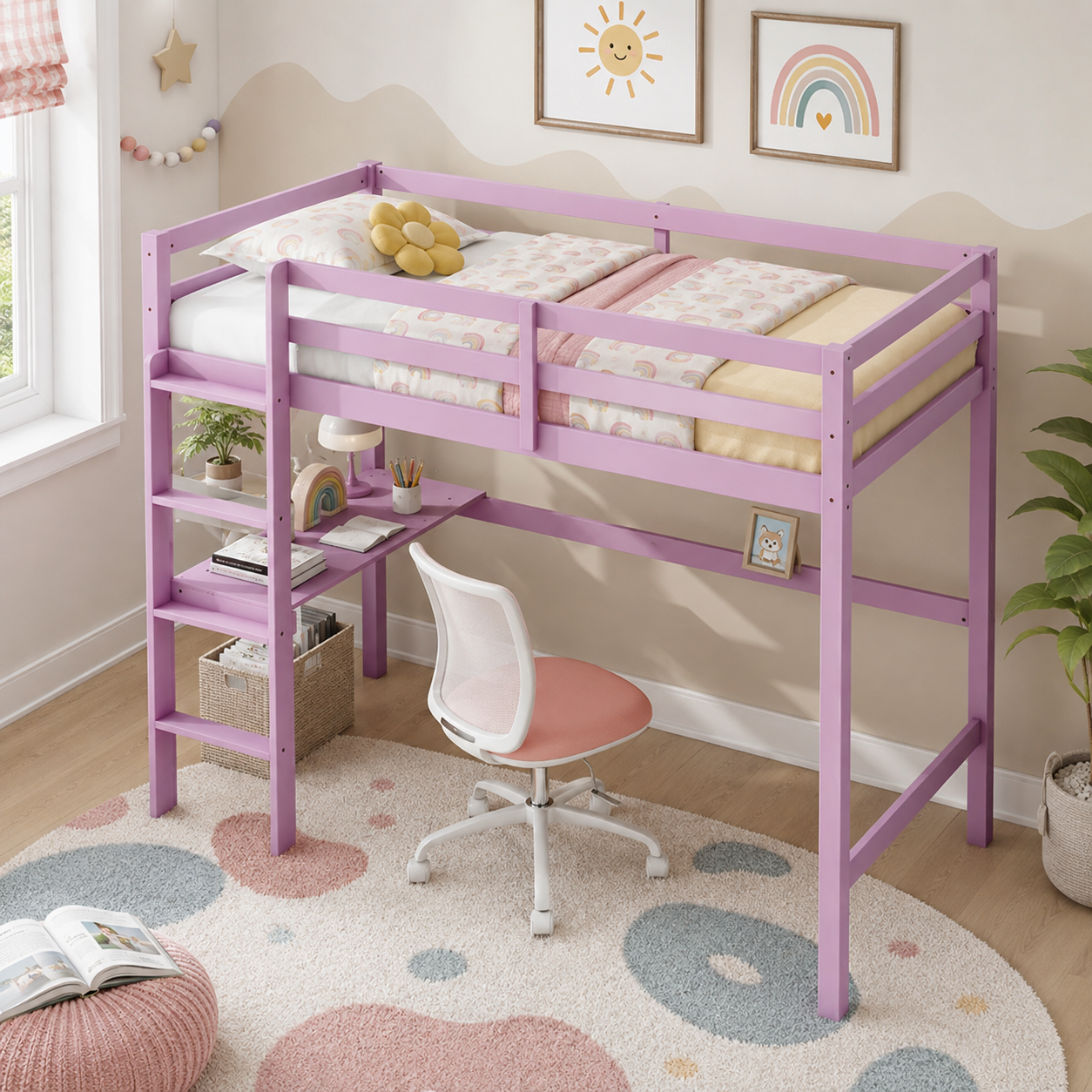 Elden pink loft bed showing an underbed study area with desk chair and open floor space