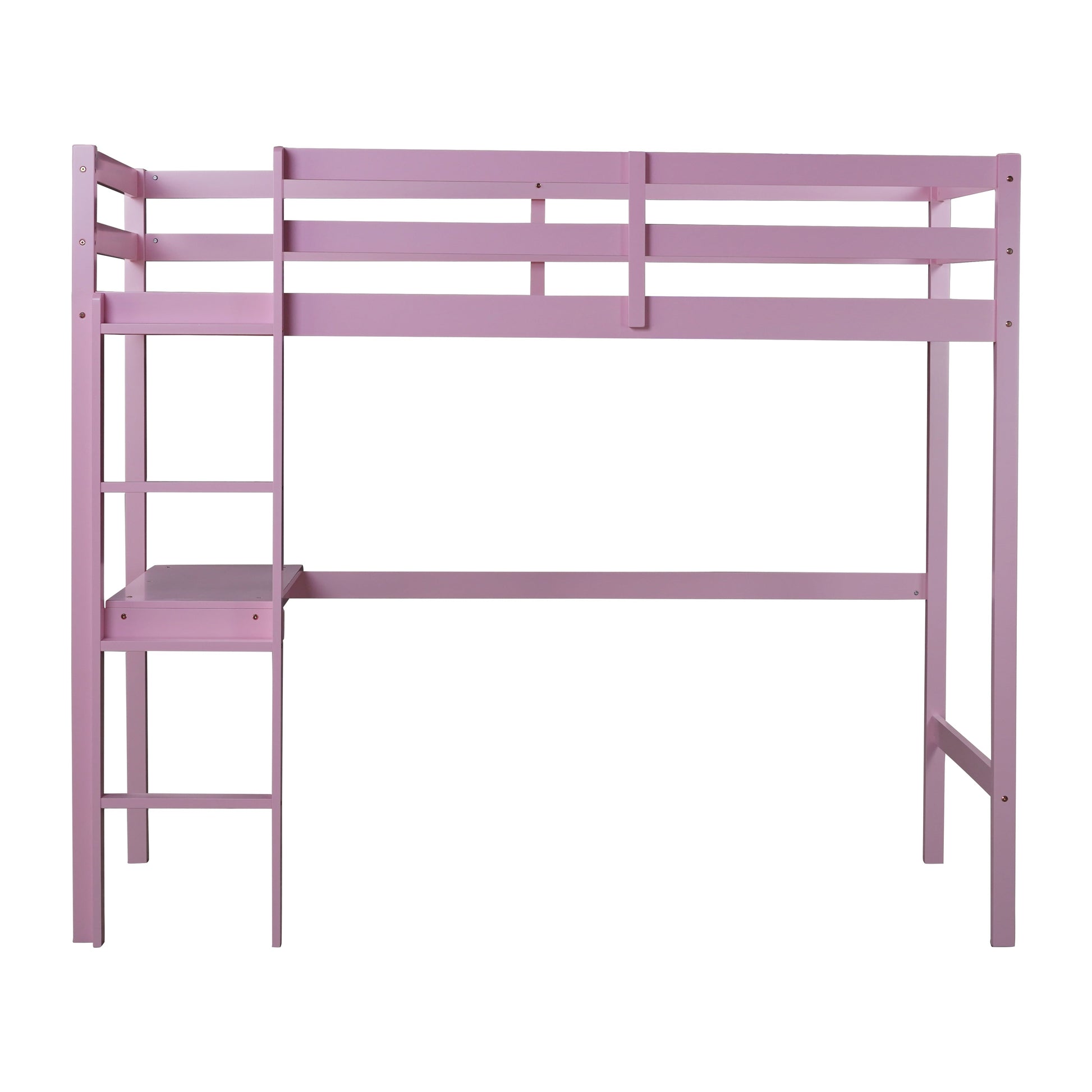Elden pink loft bed showing the front view with built-in desk ladder and upper guardrails