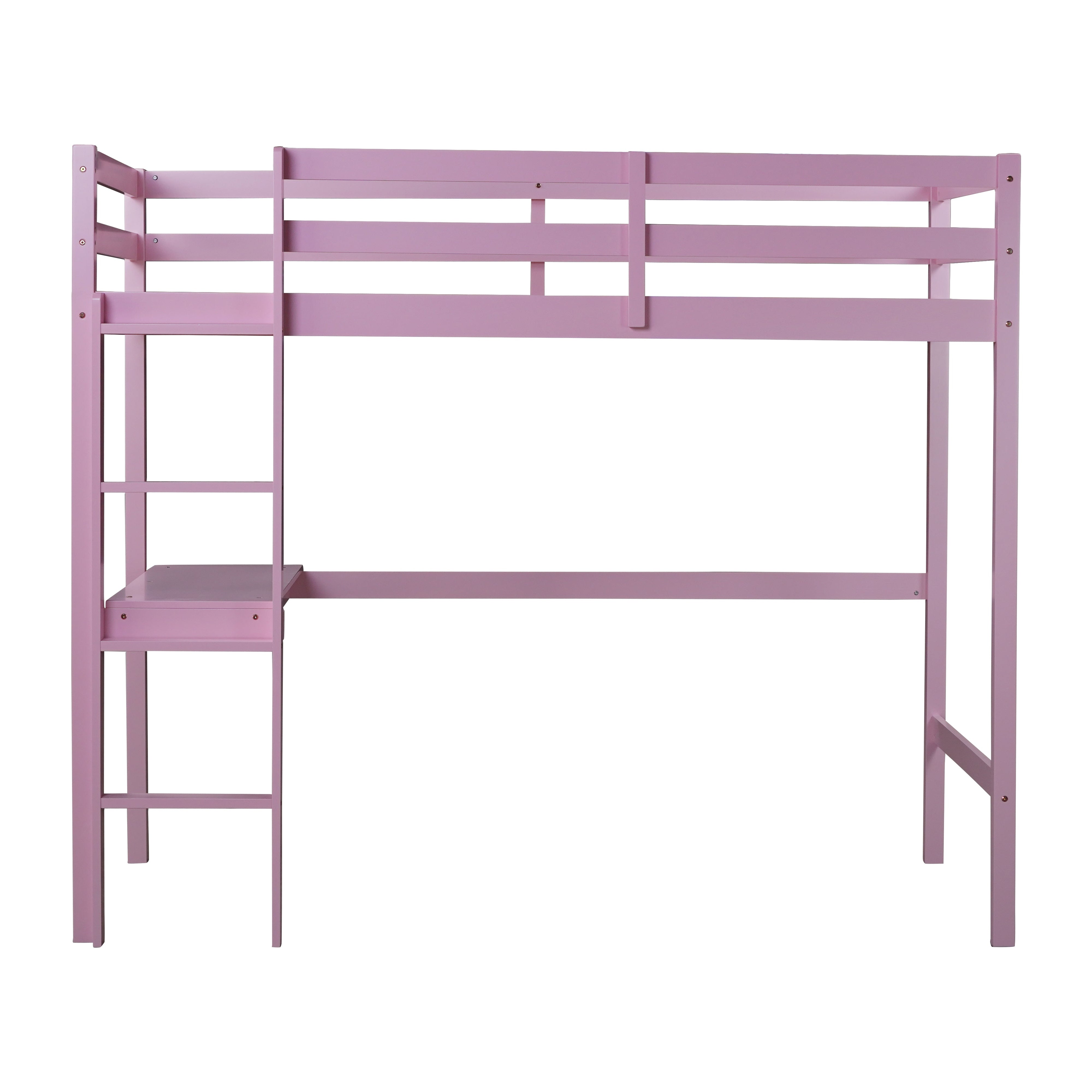 Elden pink loft bed showing the front view with built-in desk ladder and upper guardrails