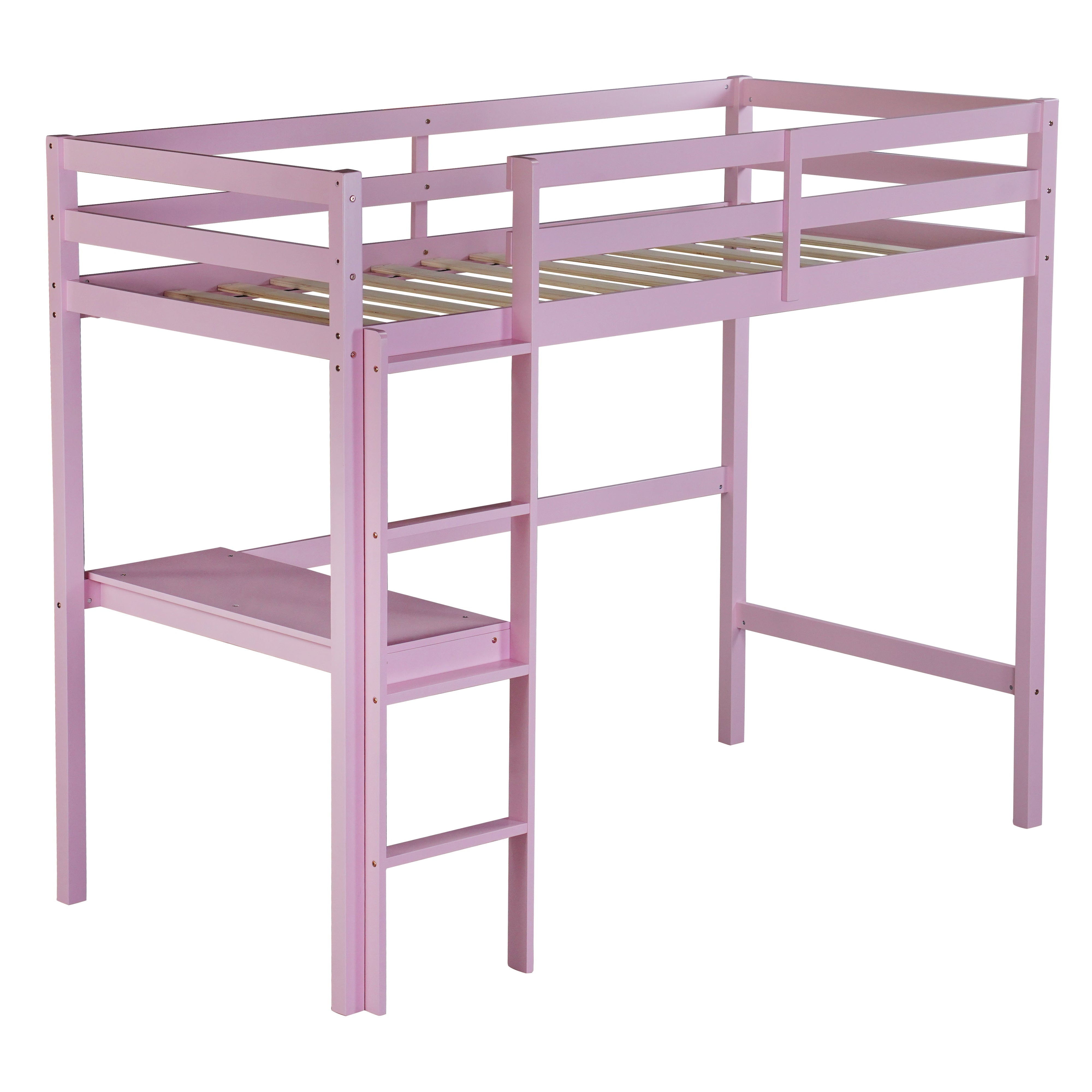 Elden pink loft bed showing an angled front view with desk and solid wood frame