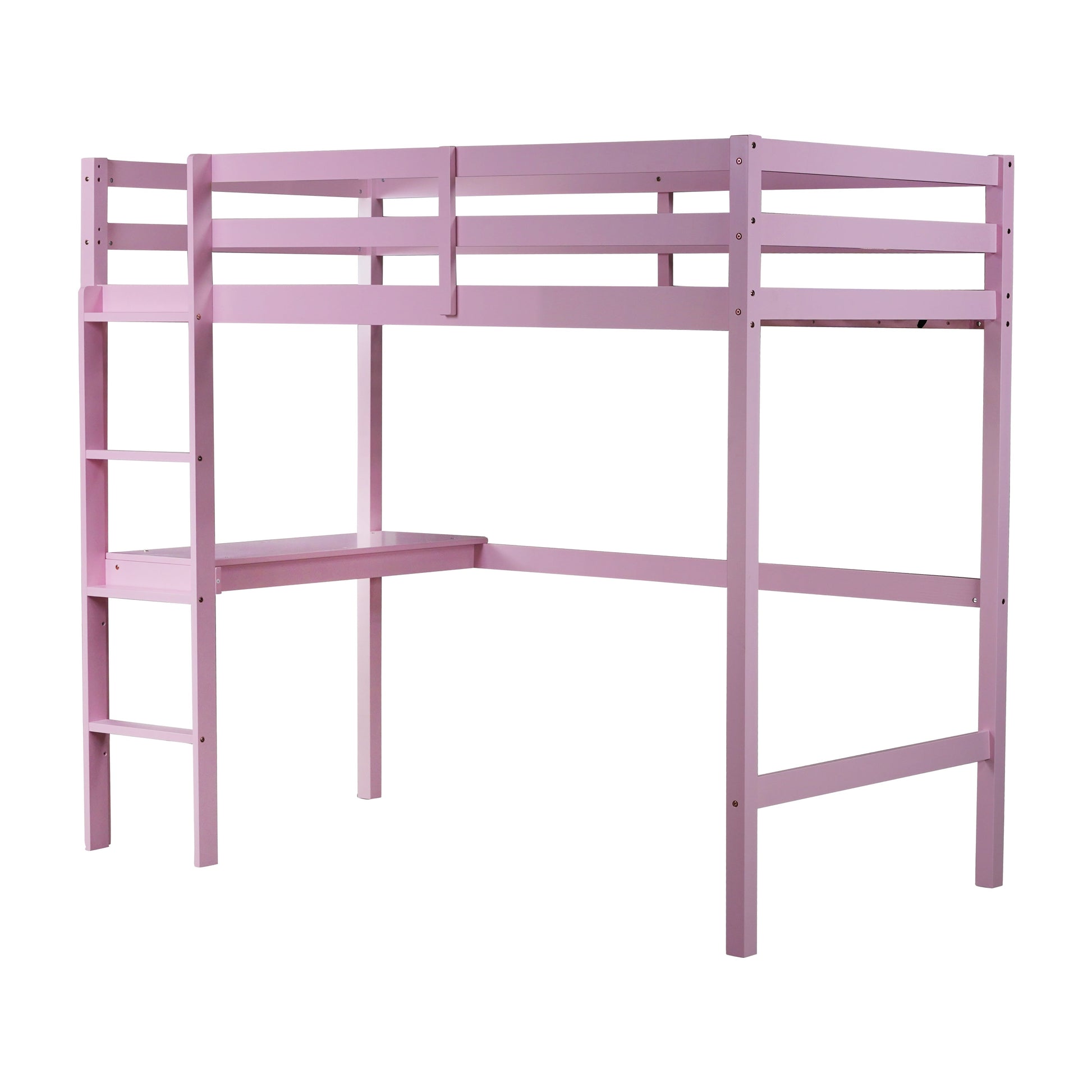 Elden pink loft bed showing the side view with built-in desk and upper guardrails