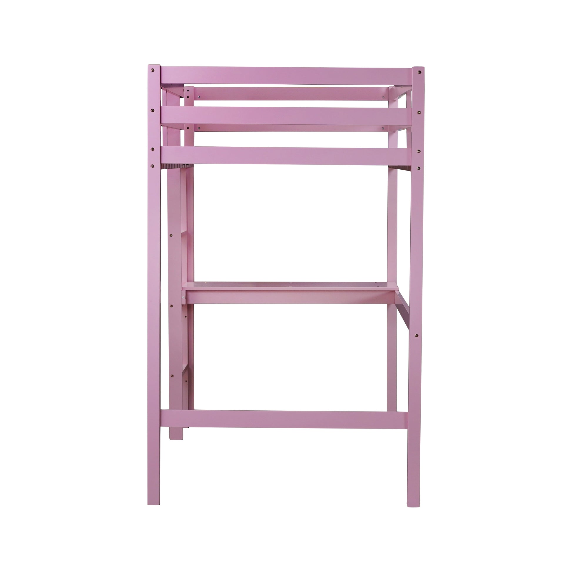 Elden pink loft bed showing the narrow end view with ladder and raised sleeping platform