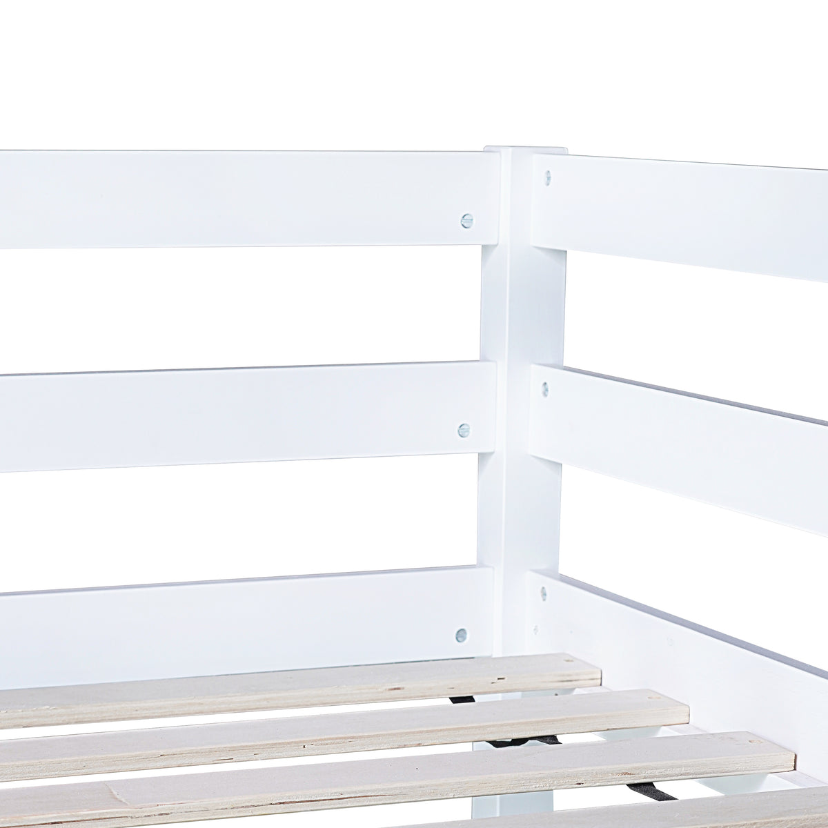 Elden white loft bed showing full-length guardrail and wood slat detail
