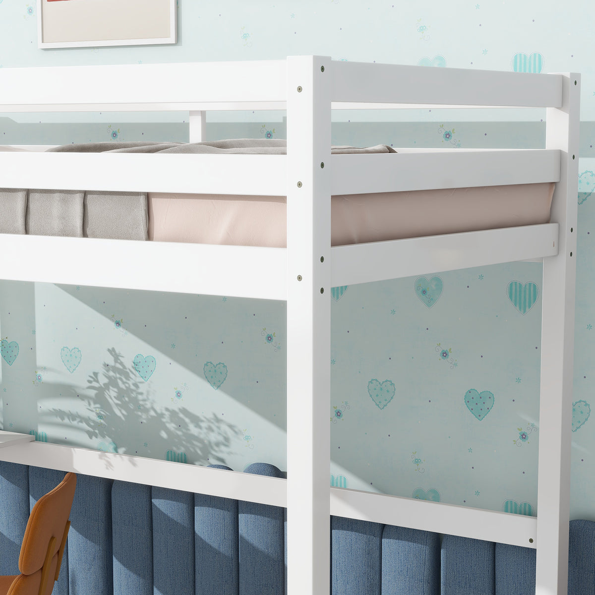 Elden white loft bed showing guardrail and solid wood frame detail