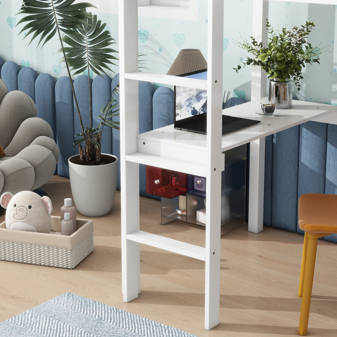 Elden white loft bed showing built-in desk and underbed storage detail