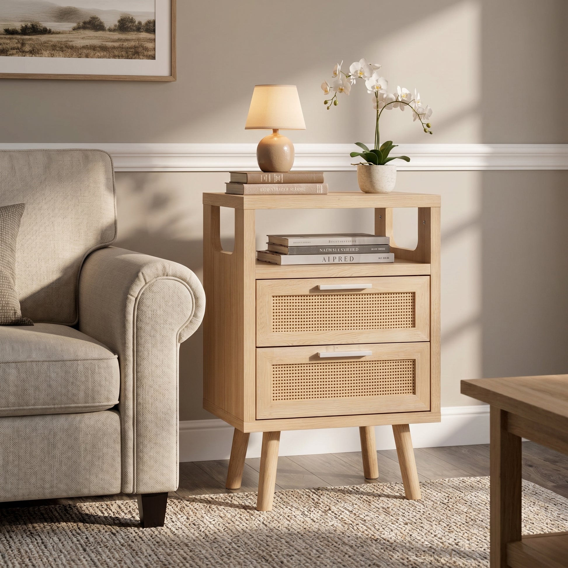 Elowen natural nightstand in cozy living room beside upholstered sofa