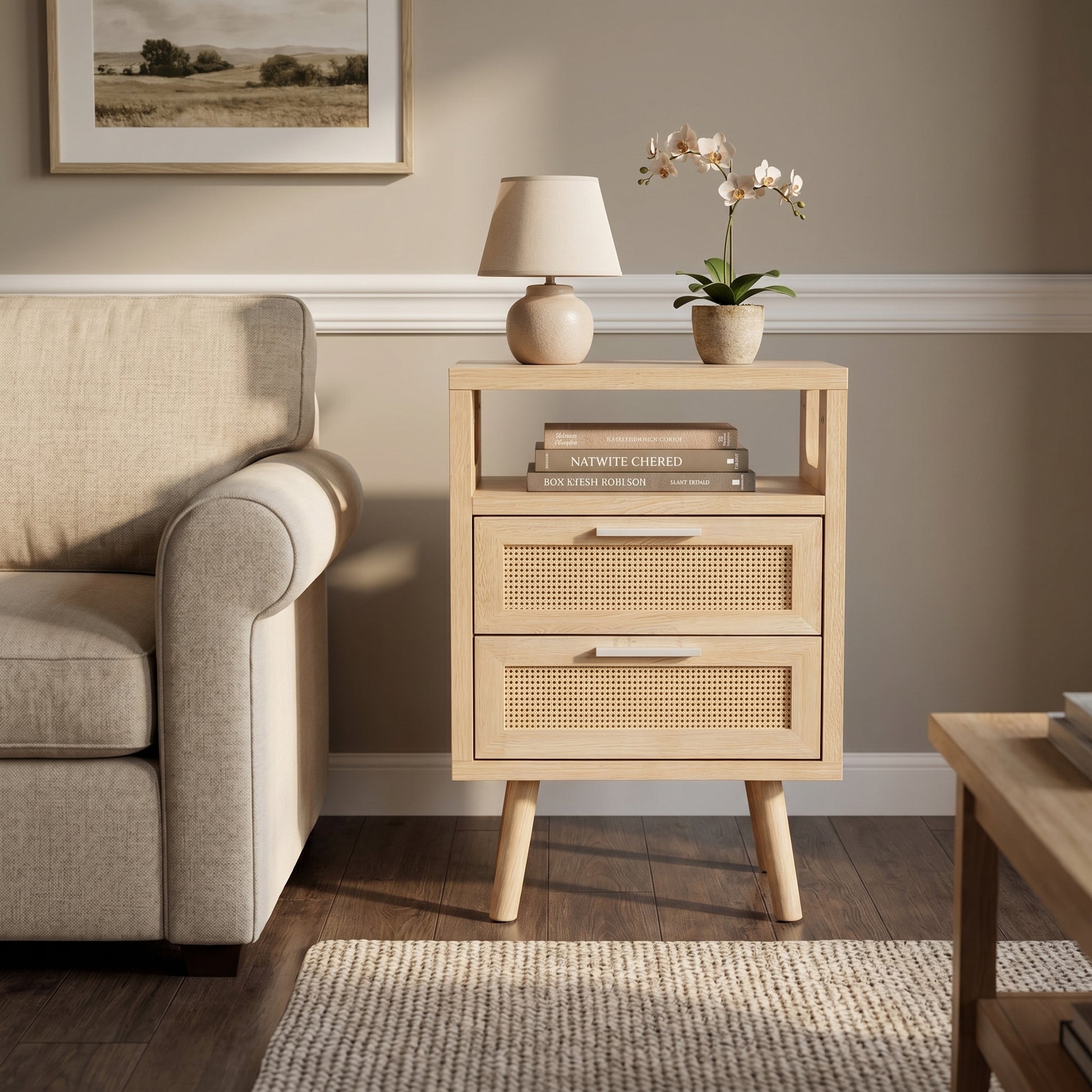 Elowen natural nightstand in cozy living room beside upholstered sofa
