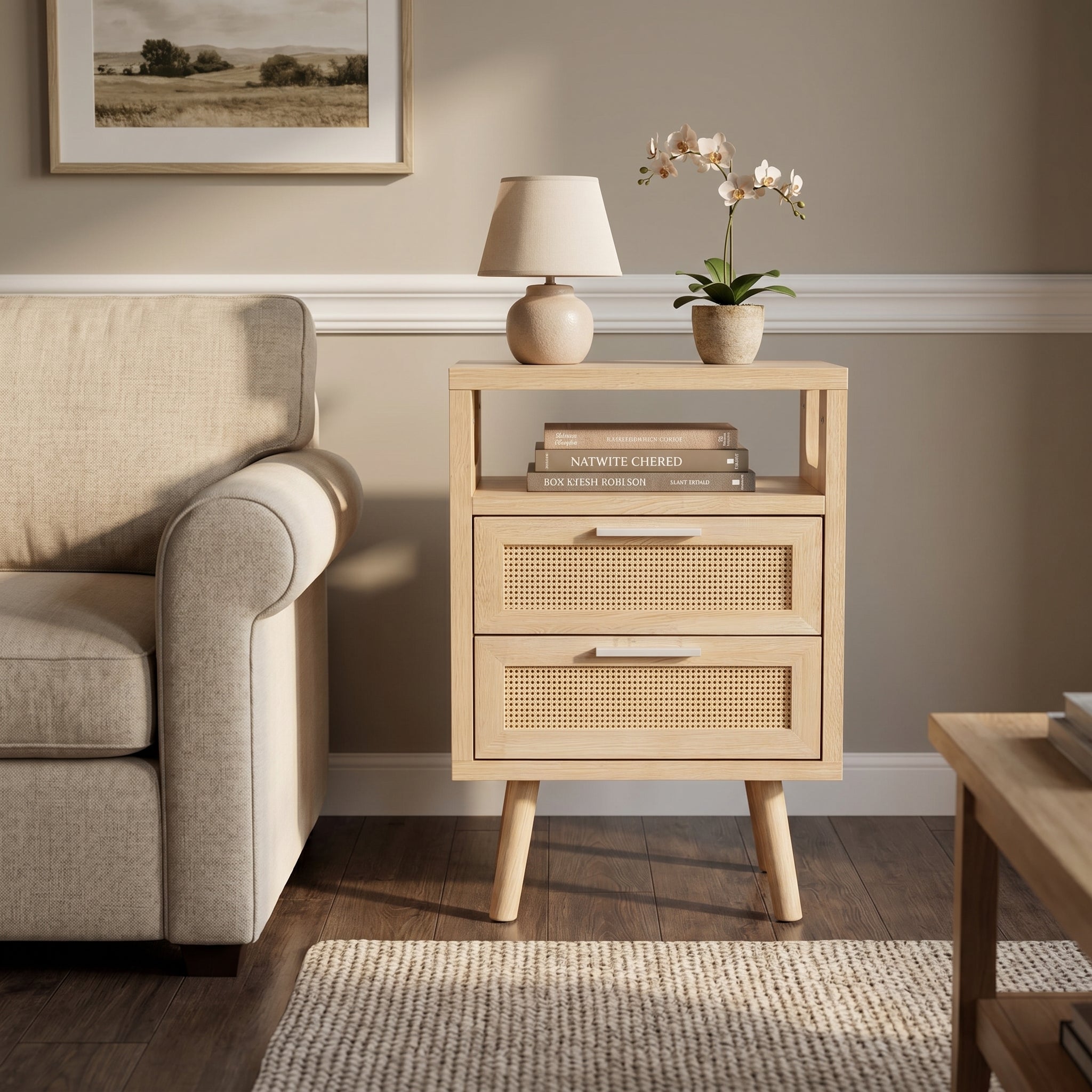 Elowen natural nightstand in cozy living room beside upholstered sofa