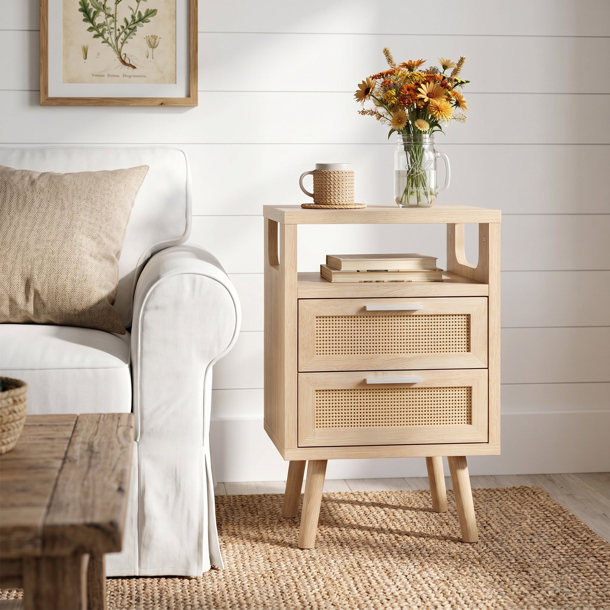 Elowen natural nightstand in cozy living room beside upholstered sofa