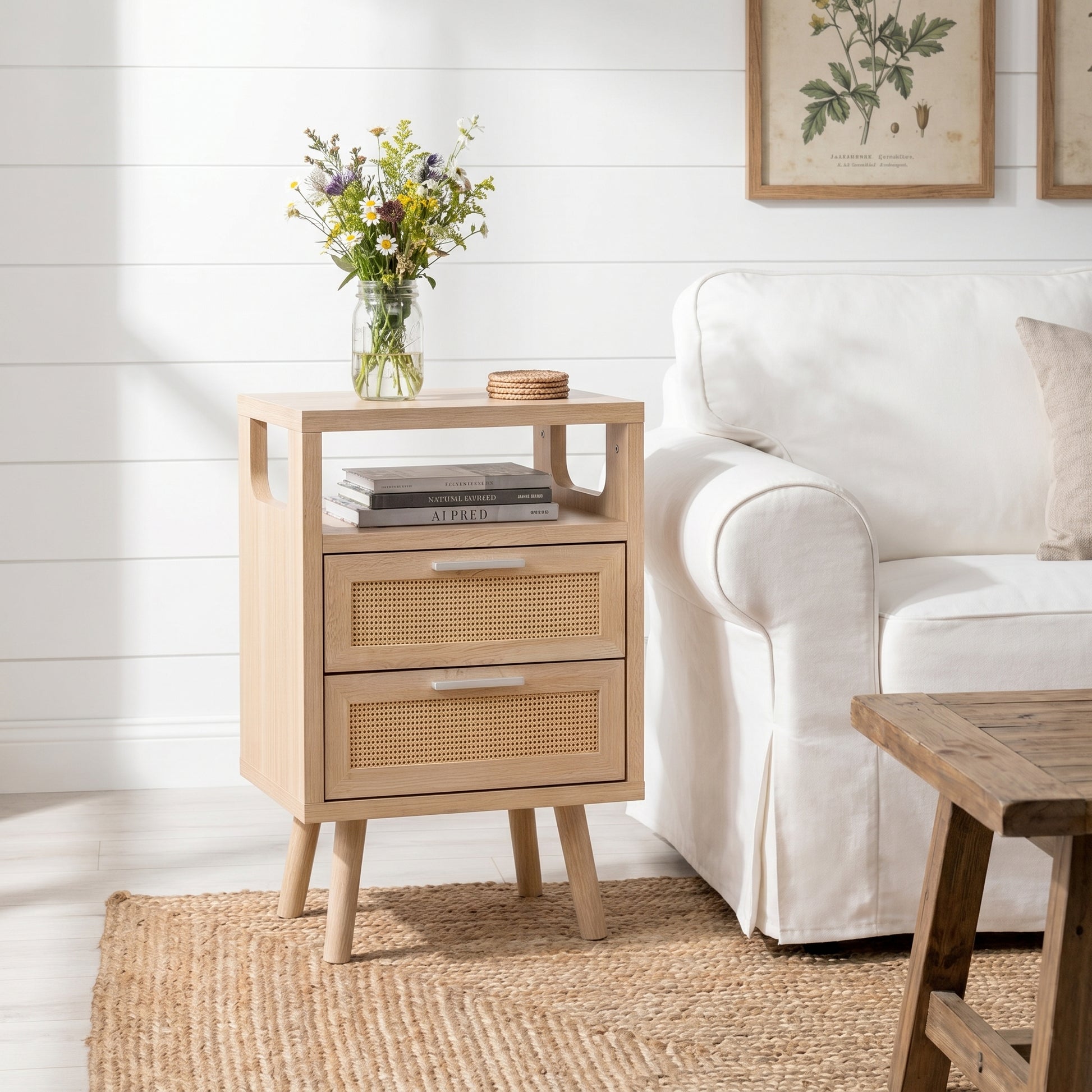 Elowen natural nightstand styled beside sofa in bright modern living room