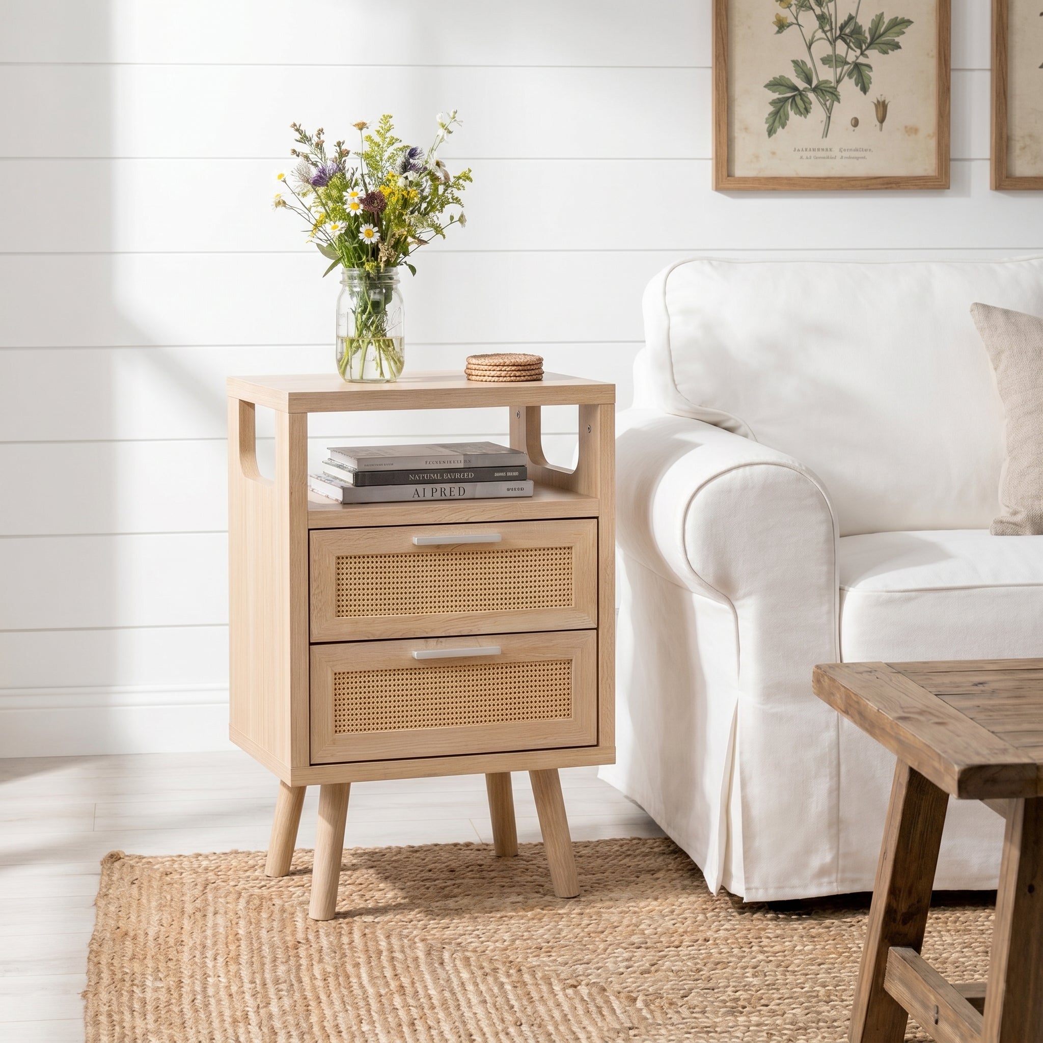 Elowen natural nightstand styled beside sofa in bright modern living room