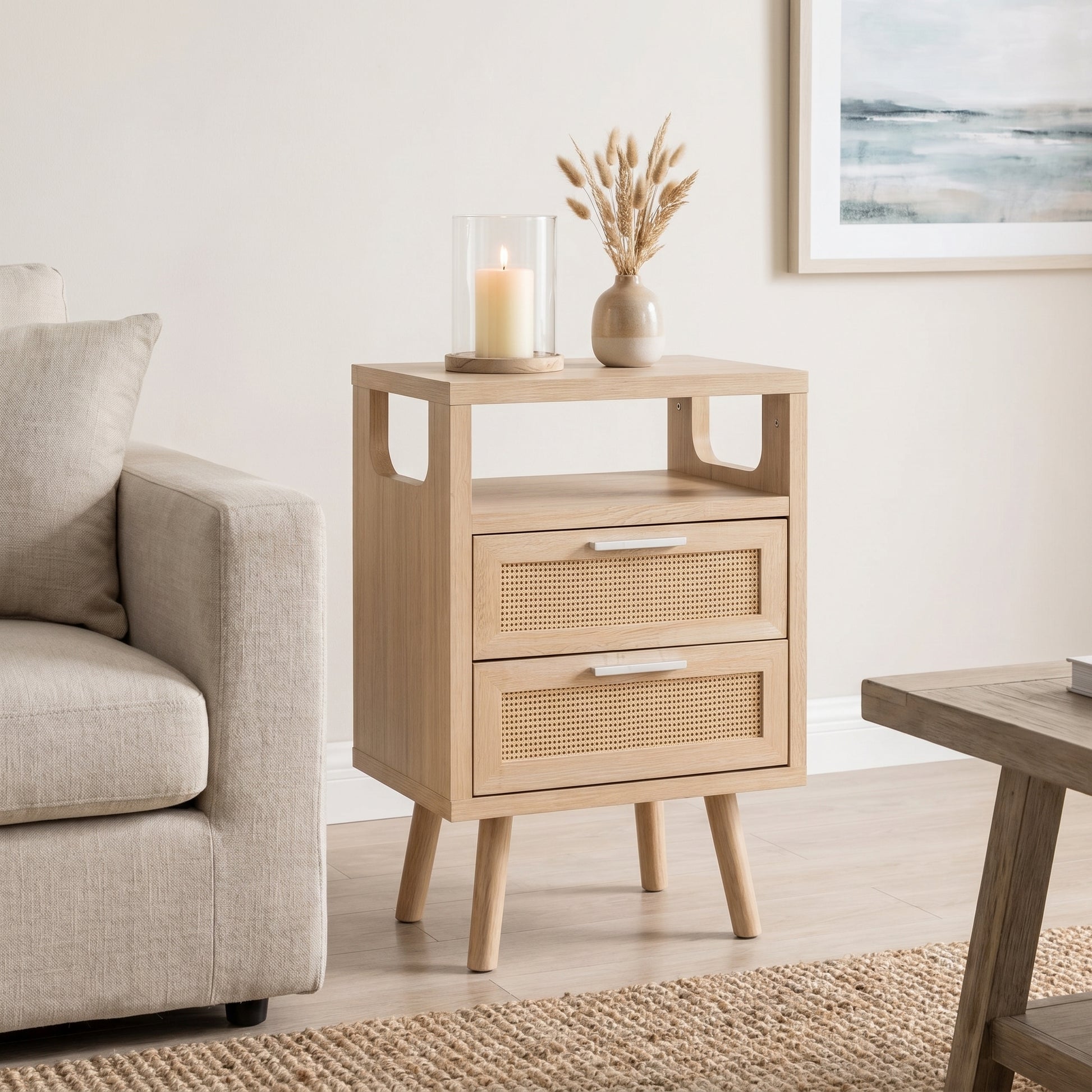Elowen natural nightstand showing compact storage beside sofa