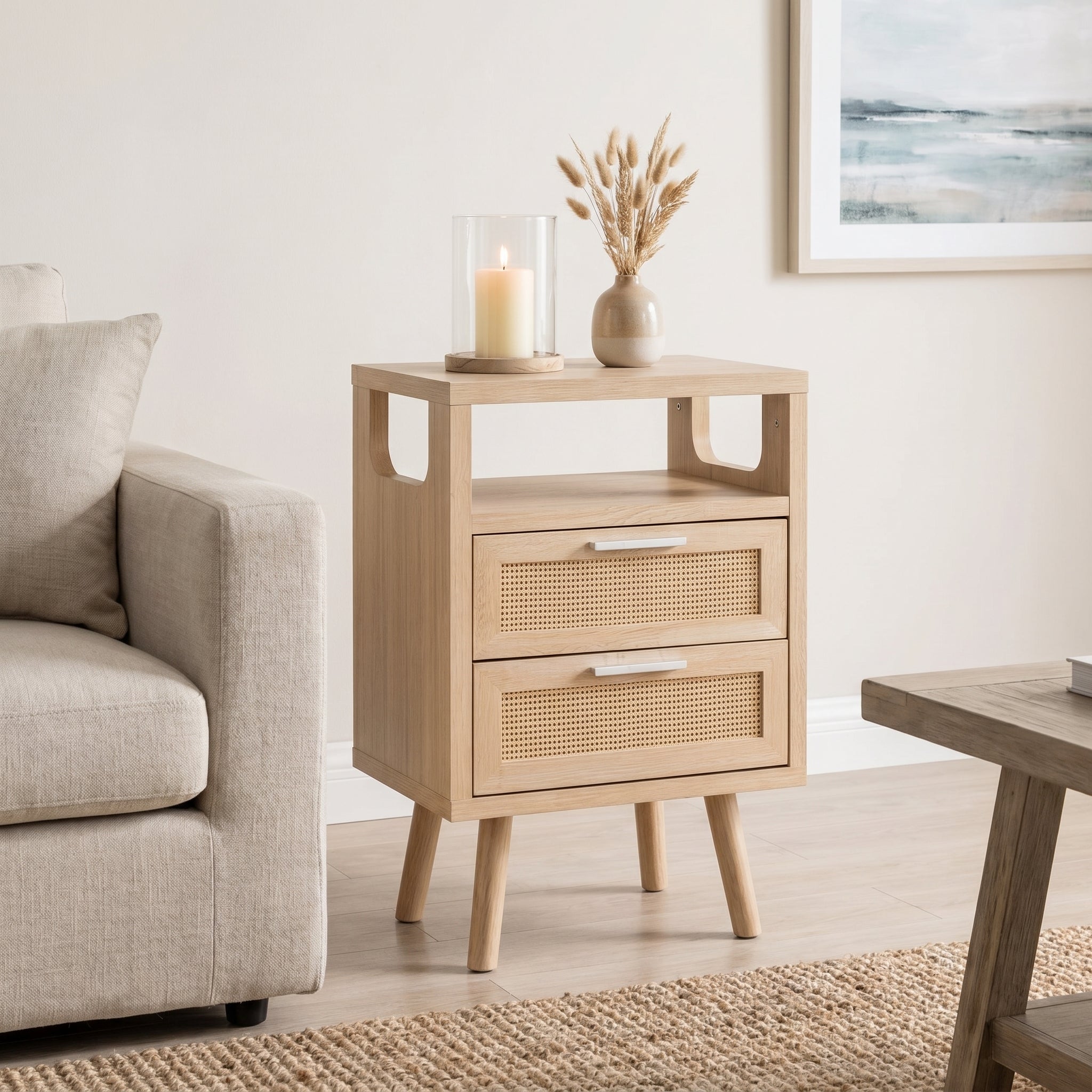 Elowen natural nightstand showing compact storage beside sofa