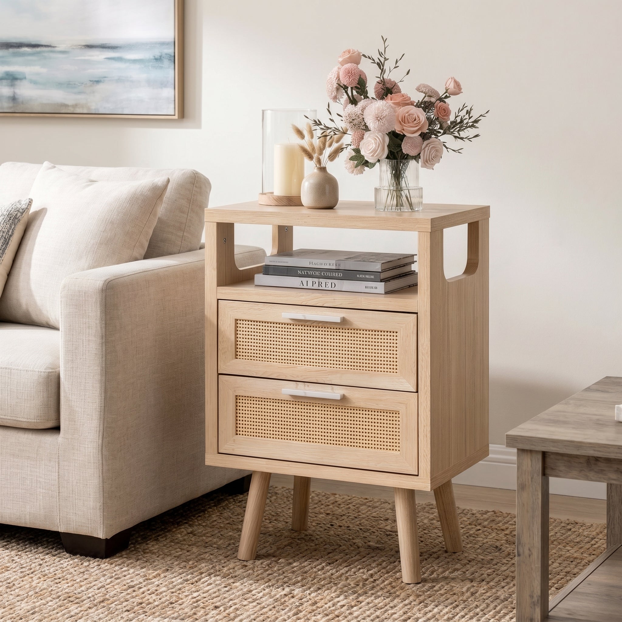 Elowen natural nightstand in cozy living room beside upholstered sofa