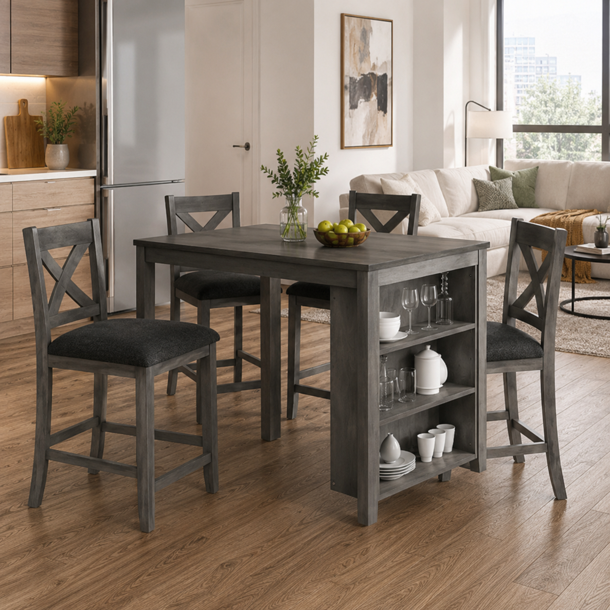 Erie 5 Pieces Counter Height Wooden Bar Table Set with Built-In Storage